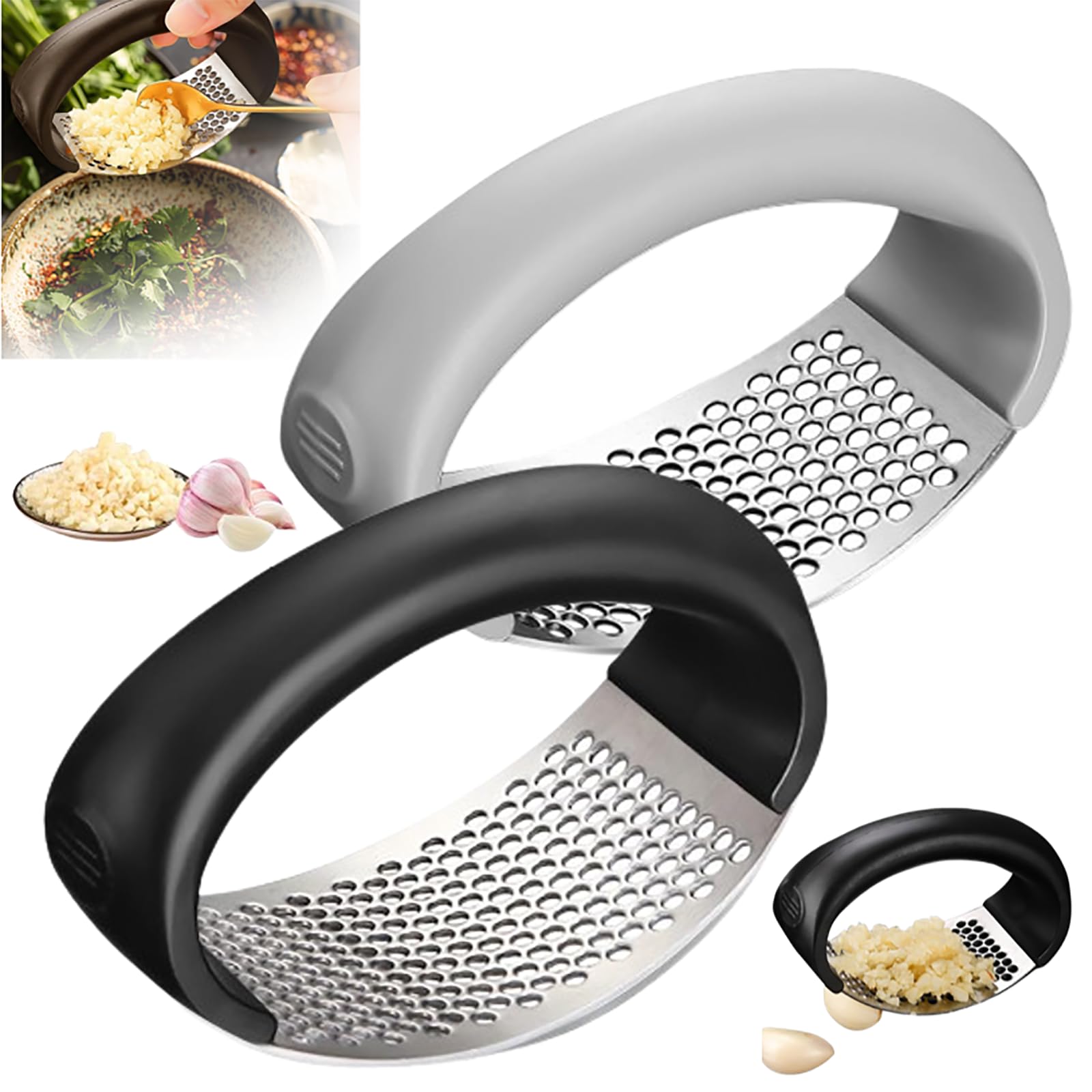Garlic Crusher, 2024 Stainless Steel Garlic Presser Garlic Press Rocker Mincer Garlic Crusher with Peeler Wide Handle Innovative Garlic Chopper Mincer Crusher Grinder Masher (Black+Grey, 2 Pack)