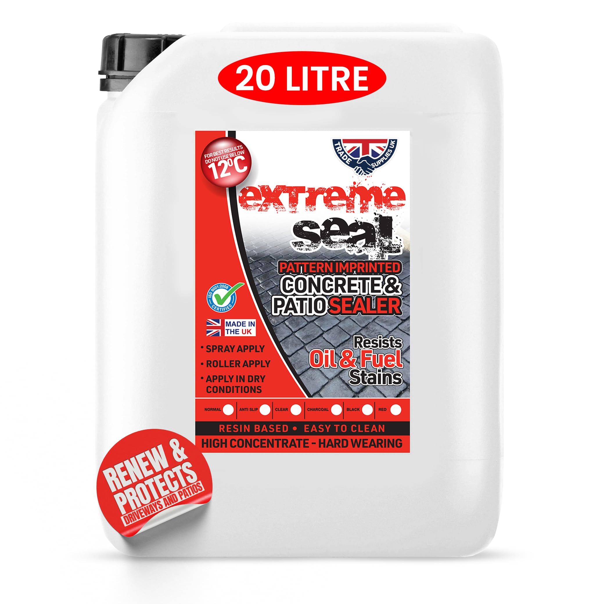 Trade Supplies UK- Anti Slip Extreme Seal Pattern Imprinted Concrete & Patio Sealer- Long-Lasting Protection & Gloss Finish. Weather & Slip Resistant- Driveways, Patios & Pathways - Red, 20L