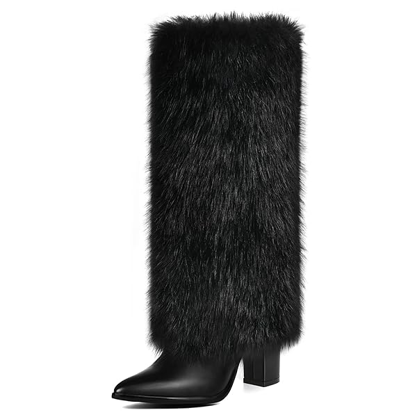 3.3-inch Chunky Knee High Fur Heel Boots Furry Fuzzy Fluffy Pointed Toe Boots for Women, Tall Long Wide Calf Boot with Side Zipper Fall Winter Snow Fold Over