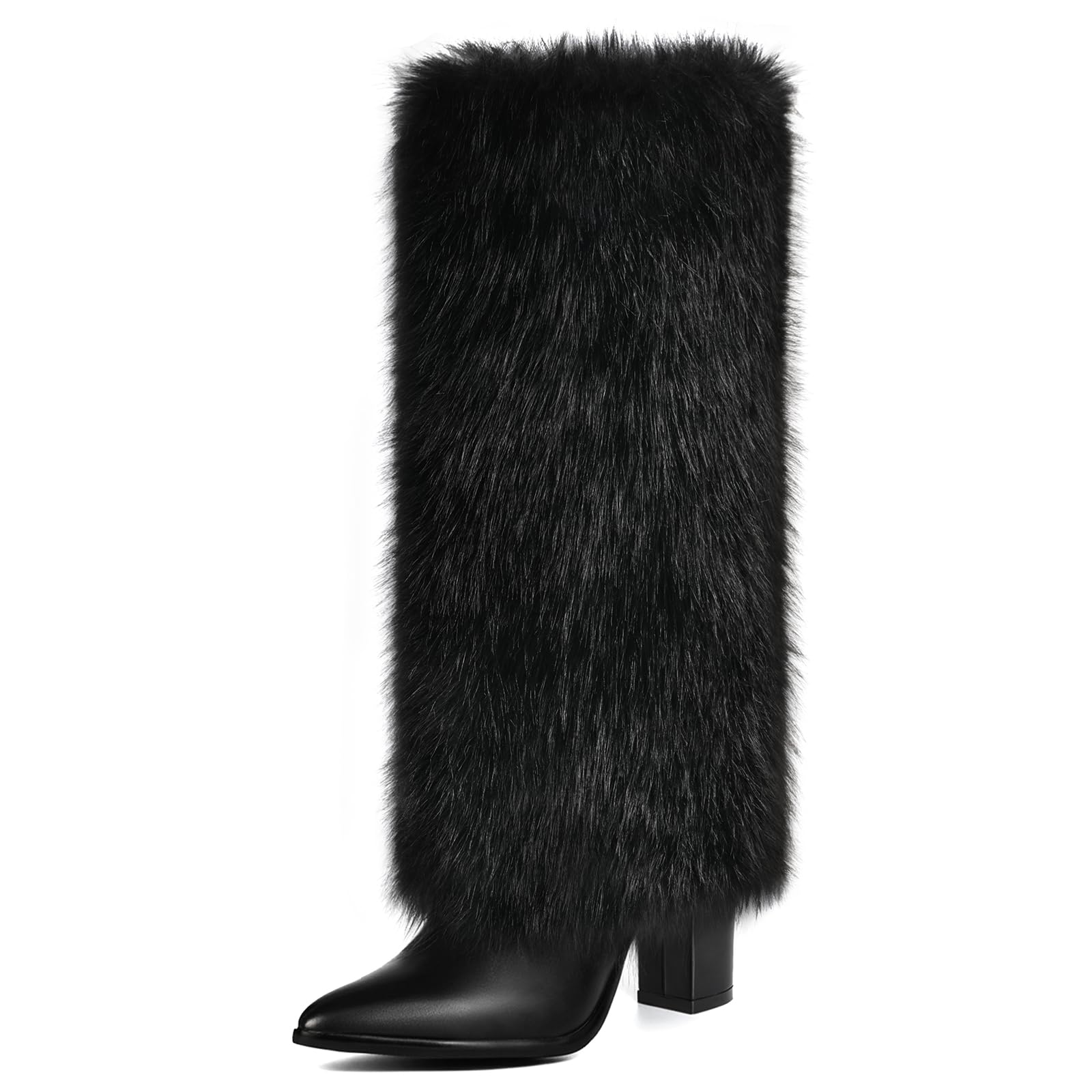 3 3-inch Chunky Knee High Fur Heel Boots Furry Fuzzy Fluffy Pointed Toe Boots for Women Tall Long