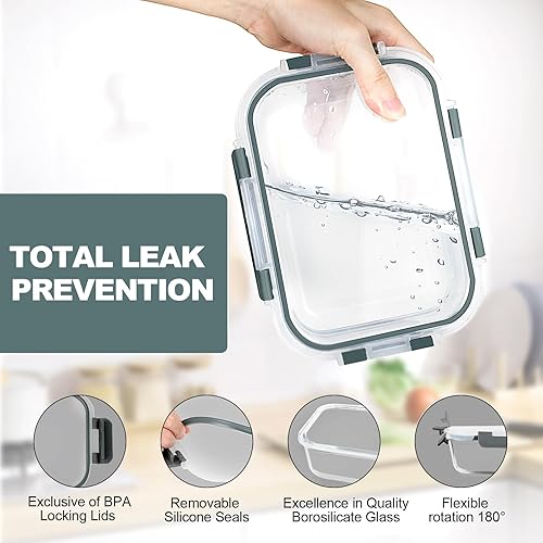 Miniatura 3 de VERONES Paquete de 10 recipientes de vidrio para preparación de comidas, recipientes herméticos de vidrio para el almuerzo, recipientes apilables de