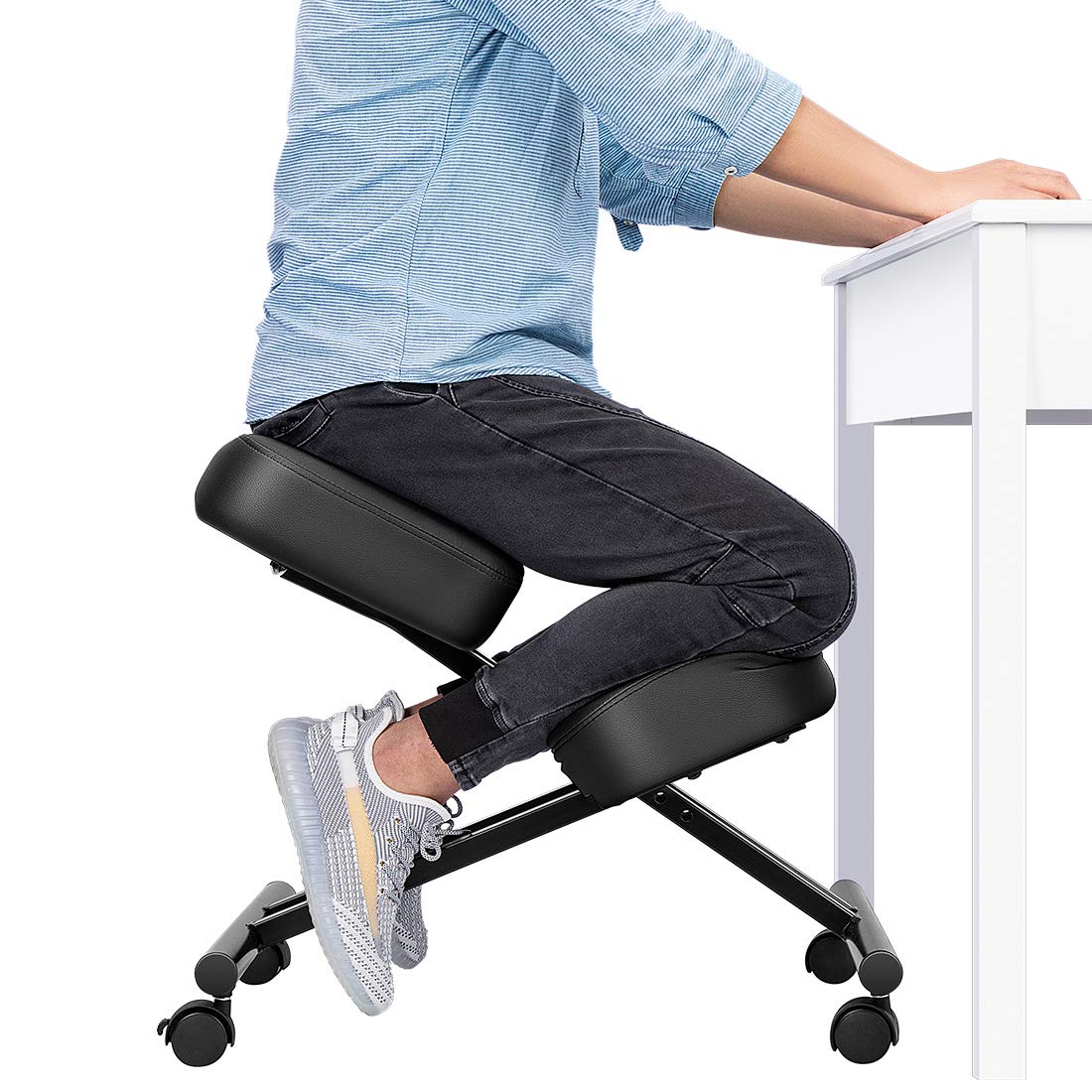 VIVOHOME Ergonomic Kneeling Chair Adjustable Stool with Thick Foam Cushions and Smooth Gliding Casters for Home Office Black