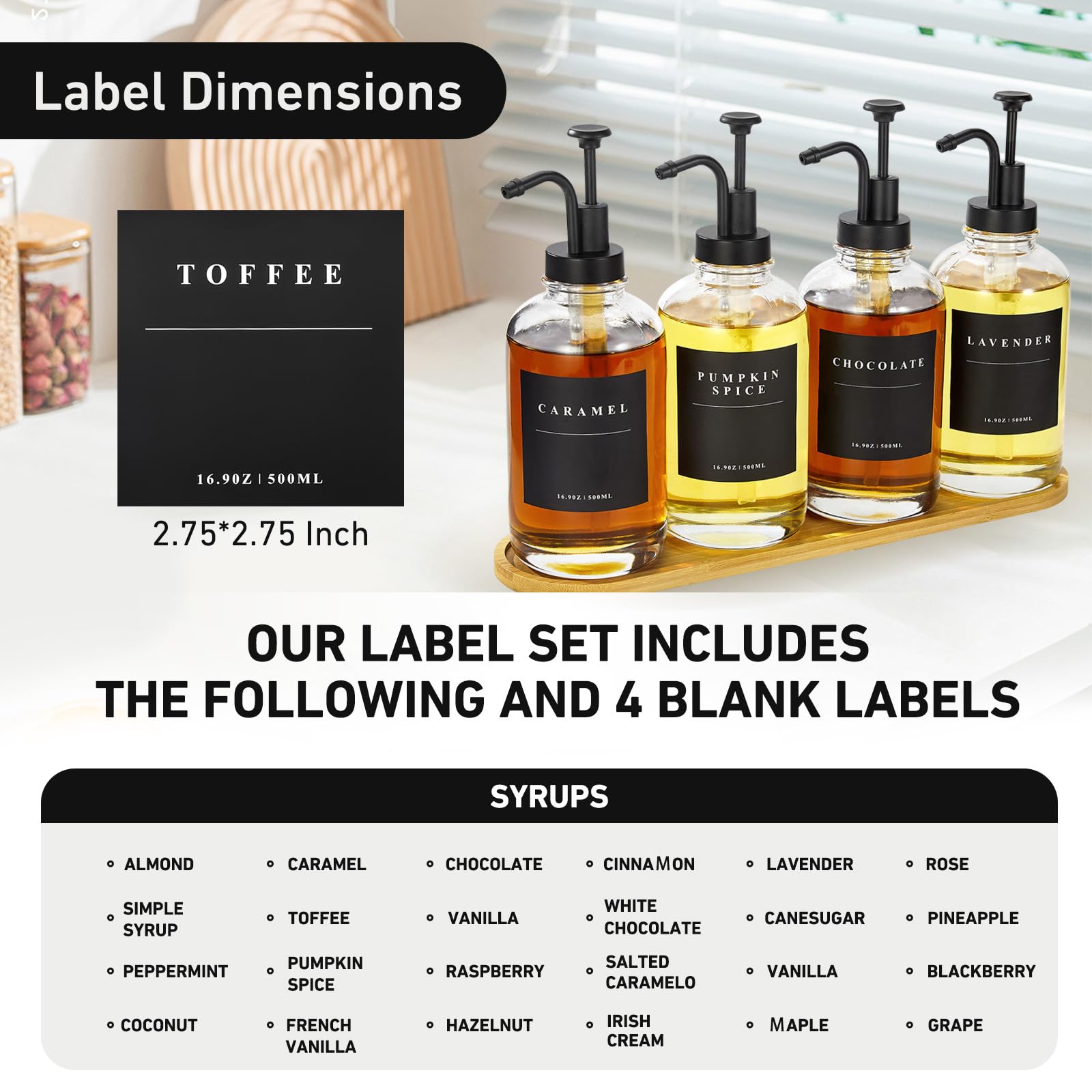 Dispensador de jarabe de café para barra de café, dispensador de bomba de jarabe de café, botella de jarabe de vidrio con bomba mejorada negra, paquete de 4 dispensadores de jarabe de 16.9 onzas, 28