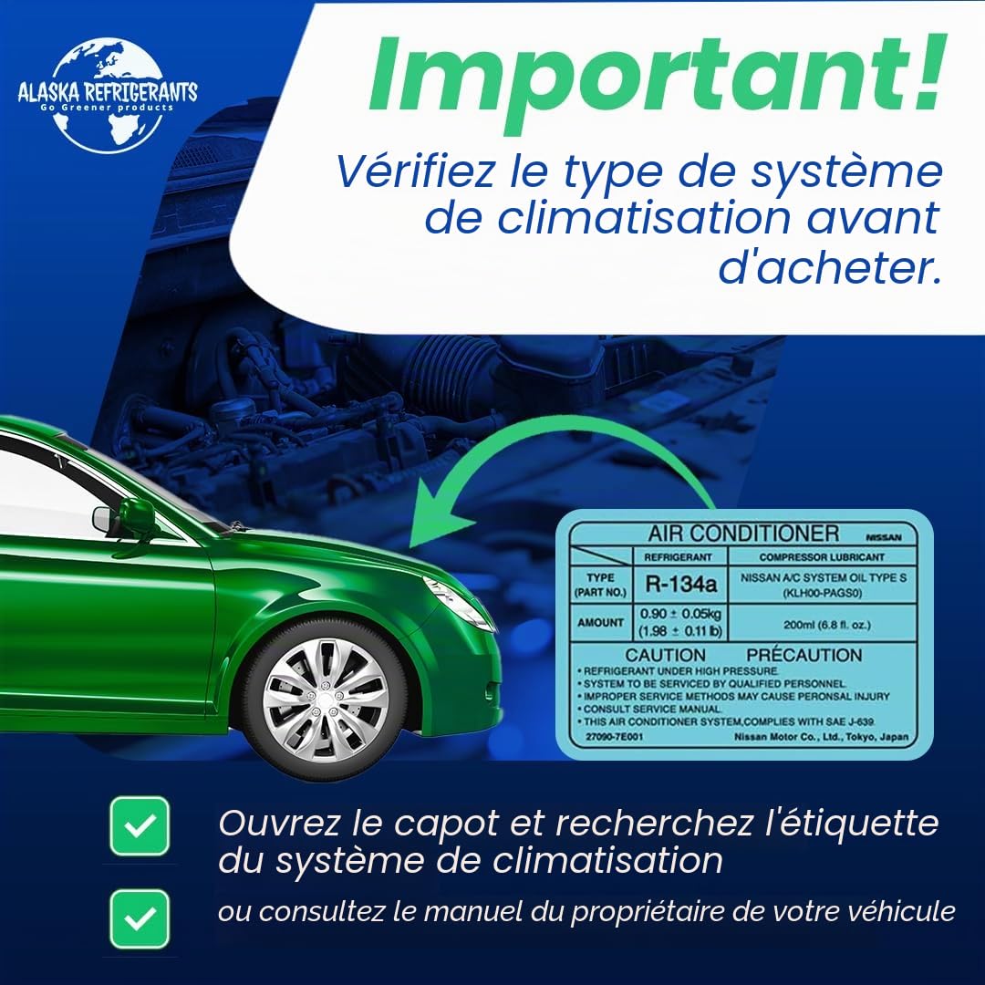 Alaska Refrigerants R134a Liquide réfrigérant de rechange 3 en 1 avec huile PAG 100 et scellant + réfrigérant de rechange R134a