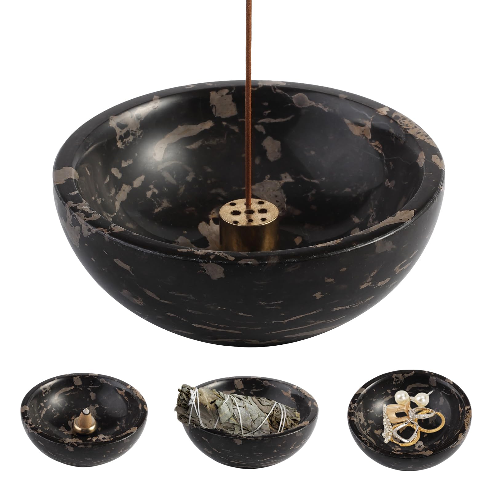 Porte-encens en marbre marocain Nero Portoro robuste et brûleur encens bâton