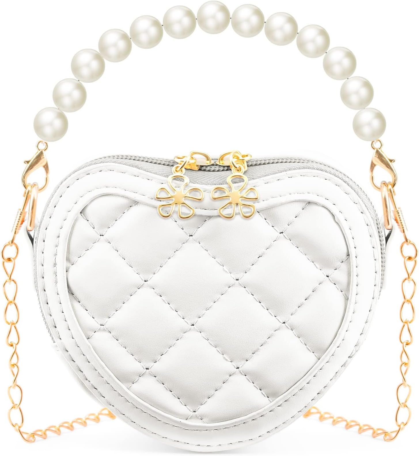 TERRIFI Little Girl Heart Shaped Purse, Toddler Crossbody Shoulder Handbag With Pearl Handle, Fashion Mini Kids Purse, Gifts for Children (White)