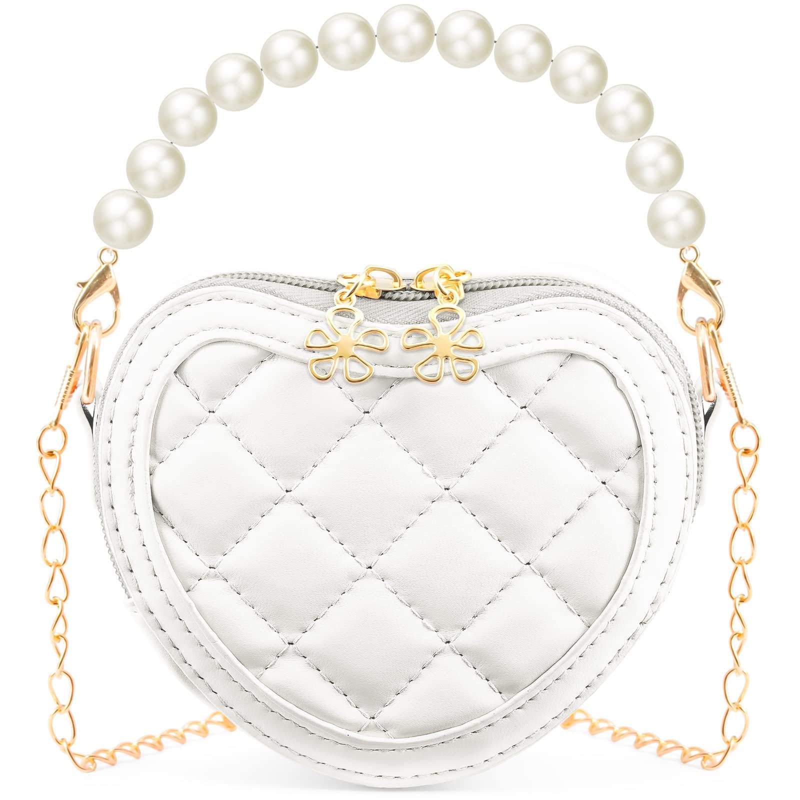 TERRIFI Little Girl Heart Shaped Purse, Toddler Crossbody Shoulder Handbag With Pearl Handle, Fashion Mini Kids Purse, Gifts for Children (White)