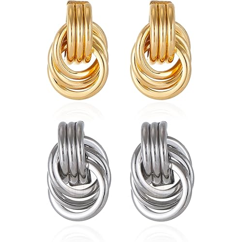 Gold/Silver Statement Geometric Earrings for Women Chunky Gold Knot Link Drop Dangle Earrings Trendy Jewelry Gift
