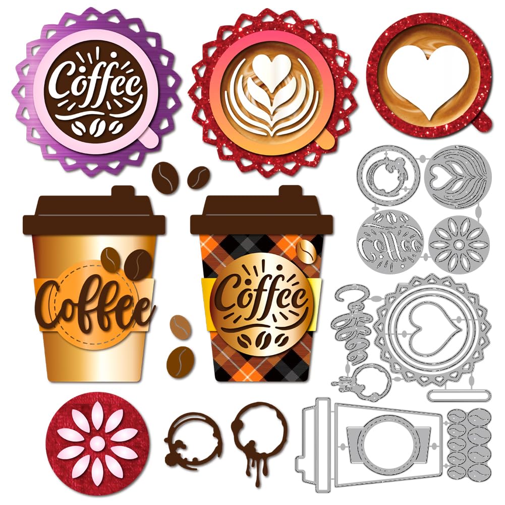 MAYJOYDIY Coffee Cups Metal Cutting Latte Art Cutting Dies Coffee Beans Embossing Folder Carbon Steel Cutting Stencils for Card Making Scrapbooking Album Manual Gift Decoration