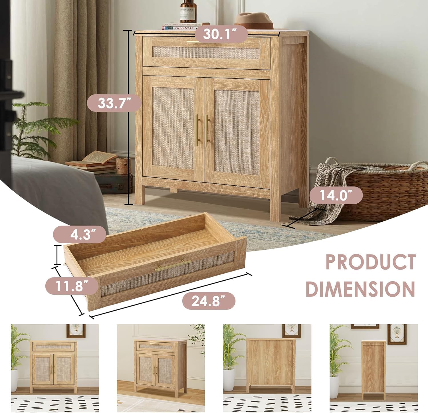 34" H Rattan Accent Storage Cabinet, Boho Wood Sideboard Buffet Cabinet with 2 Doors Drawer, Farmhouse Credenzas Coffee Bar Console with Adjustable Shelf for Entryway Dining Room, Natural Oak