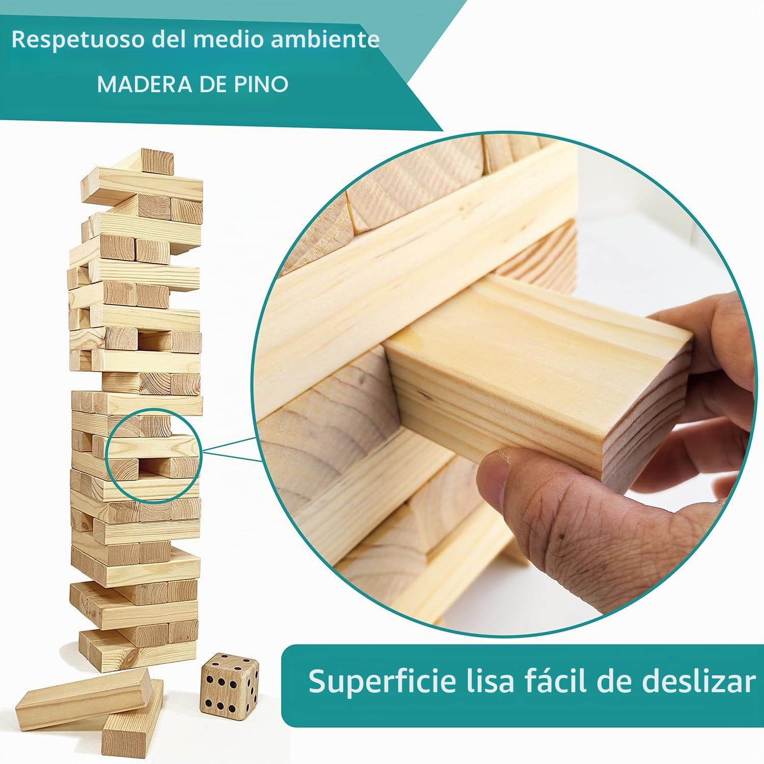 Juego de torre de madera jumbo con dados y bolsa de transporte, juegos clásicos de apilamiento, 54 bloques de construcción para interiores y exteriores (hasta más de 150 cm)