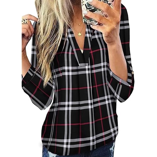 Dokotoo Womens Basic Casual V Neck Plaid Print Cotton Cuffed Long Sleeve Work Tops Blouses Shirts S-3XL
