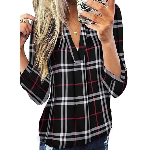 Dokotoo Womens Basic Casual V Neck Plaid Print Cuffed Long Sleeve Work Tops Blouses Shirts S-3XL