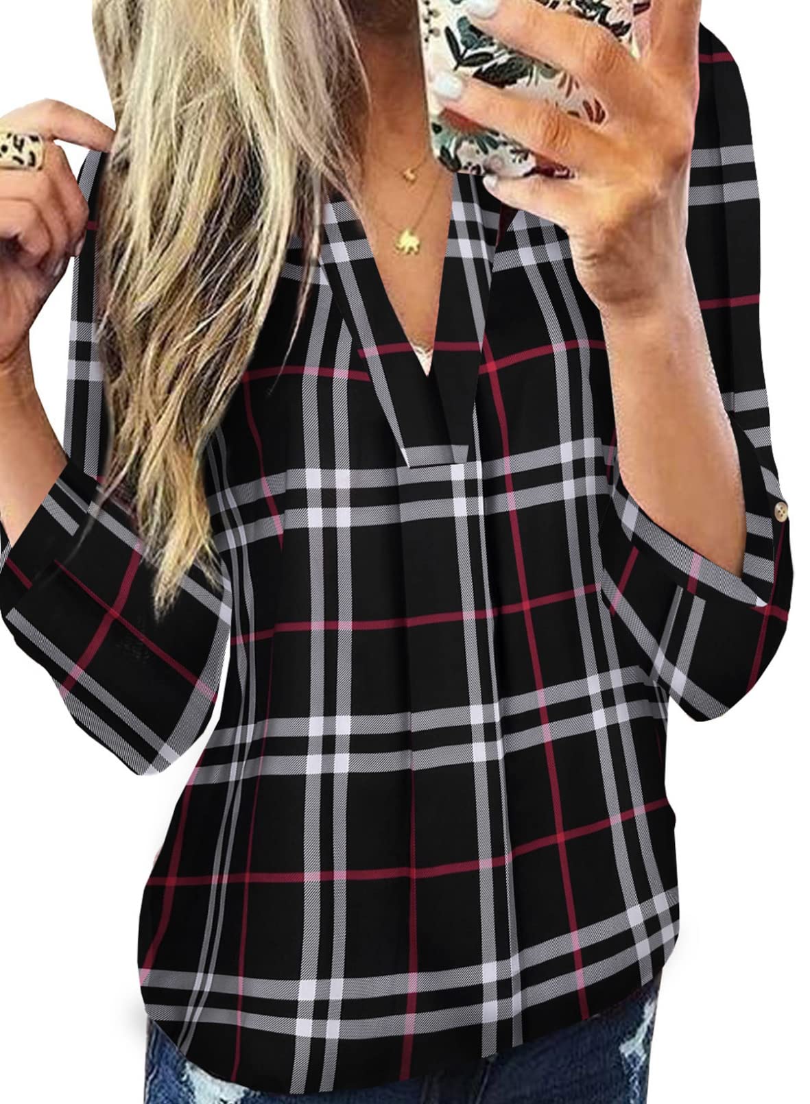Dokotoo Womens Basic Casual V Neck Plaid Print Cuffed Long Sleeve Work Tops Blouses Shirts S-2XL