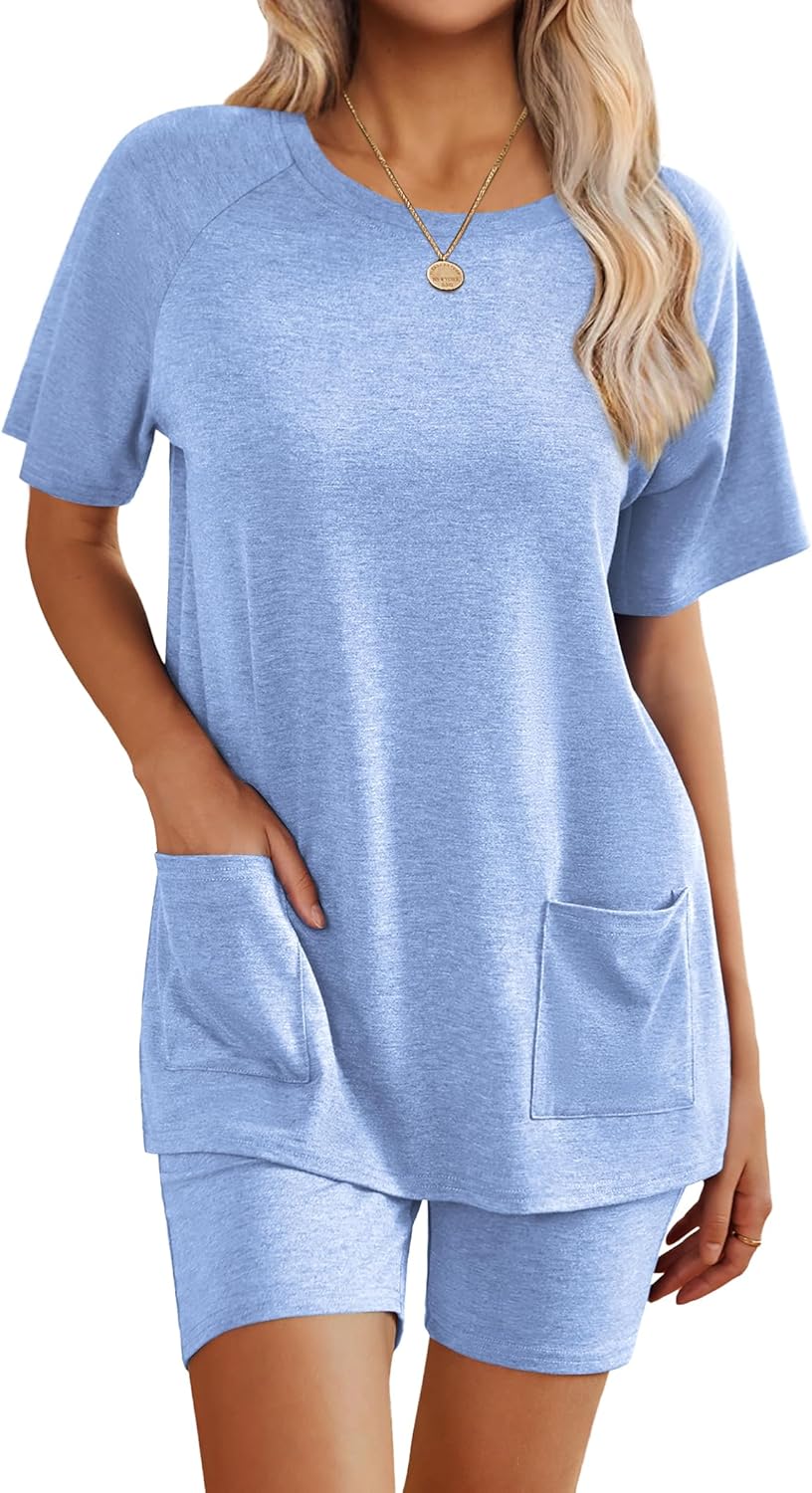 Ekouaer Two Piece Sets for Women Summer Outfits 2026 Lounge Set Crew Neck Tshirts Biker Short Sweatsuit with Pocket