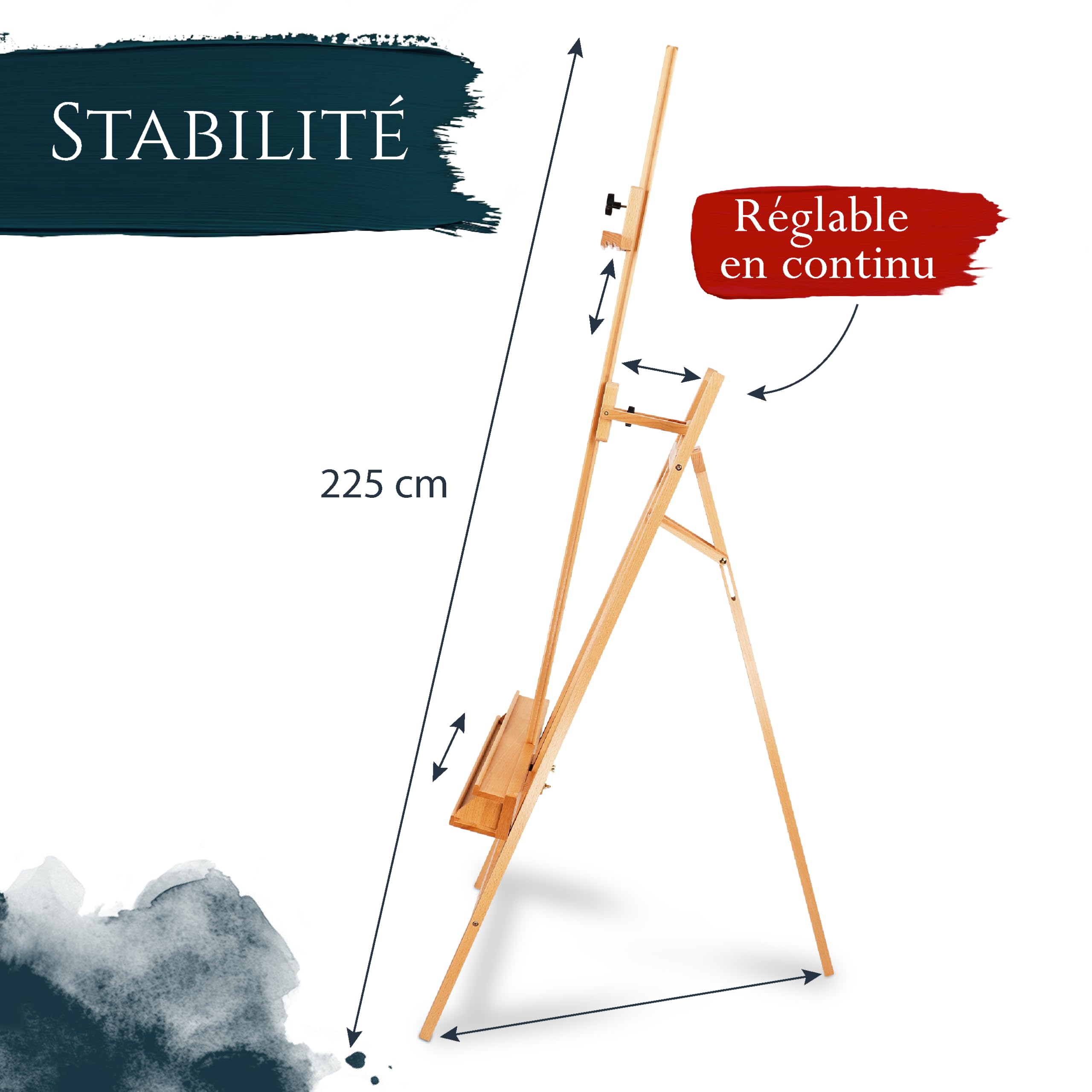 Artina Grand Chevalet d'Atelier 66x225 cm Barcelona – Chevalet Tripode en Bois de Hêtre Réglable avec Support de Peinture – FSC® Bois Pliable pour Toiles jusqu'à 120cm