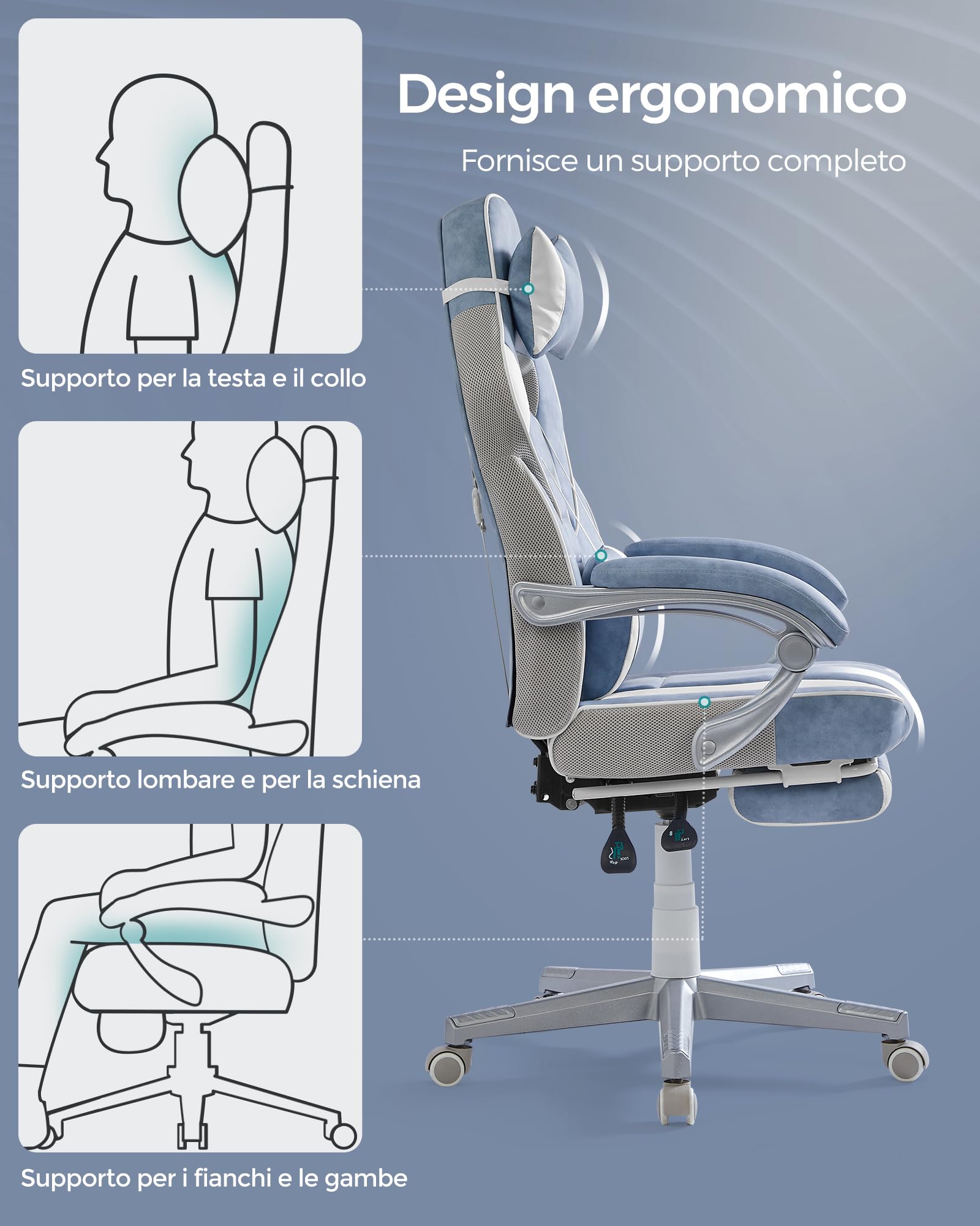 SONGMICS Sedia da Ufficio, Poltrona Racing Ergonomica, Poggiapiedi Telescopico, Schienale Inclinabile, Poggiatesta e Supporto Lombare, Portante di 150 kg, Blu Turchino e Bianco Crema OBG073Q01