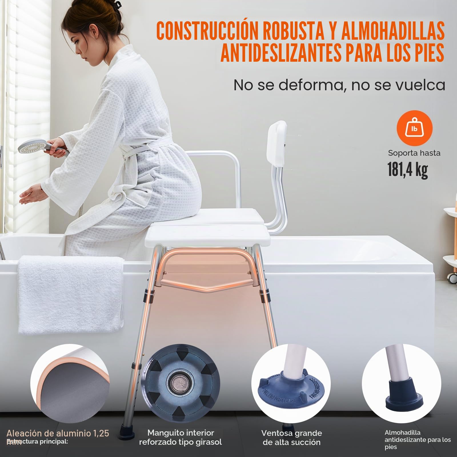 VEVOR Banco de Transferencia para Bañera Altura Ajustable con Protector de Cortina en Forma de U Respaldo Reversible Asiento de Ducha Antideslizante para Personas Mayores Discapacitadas y Lesionadas