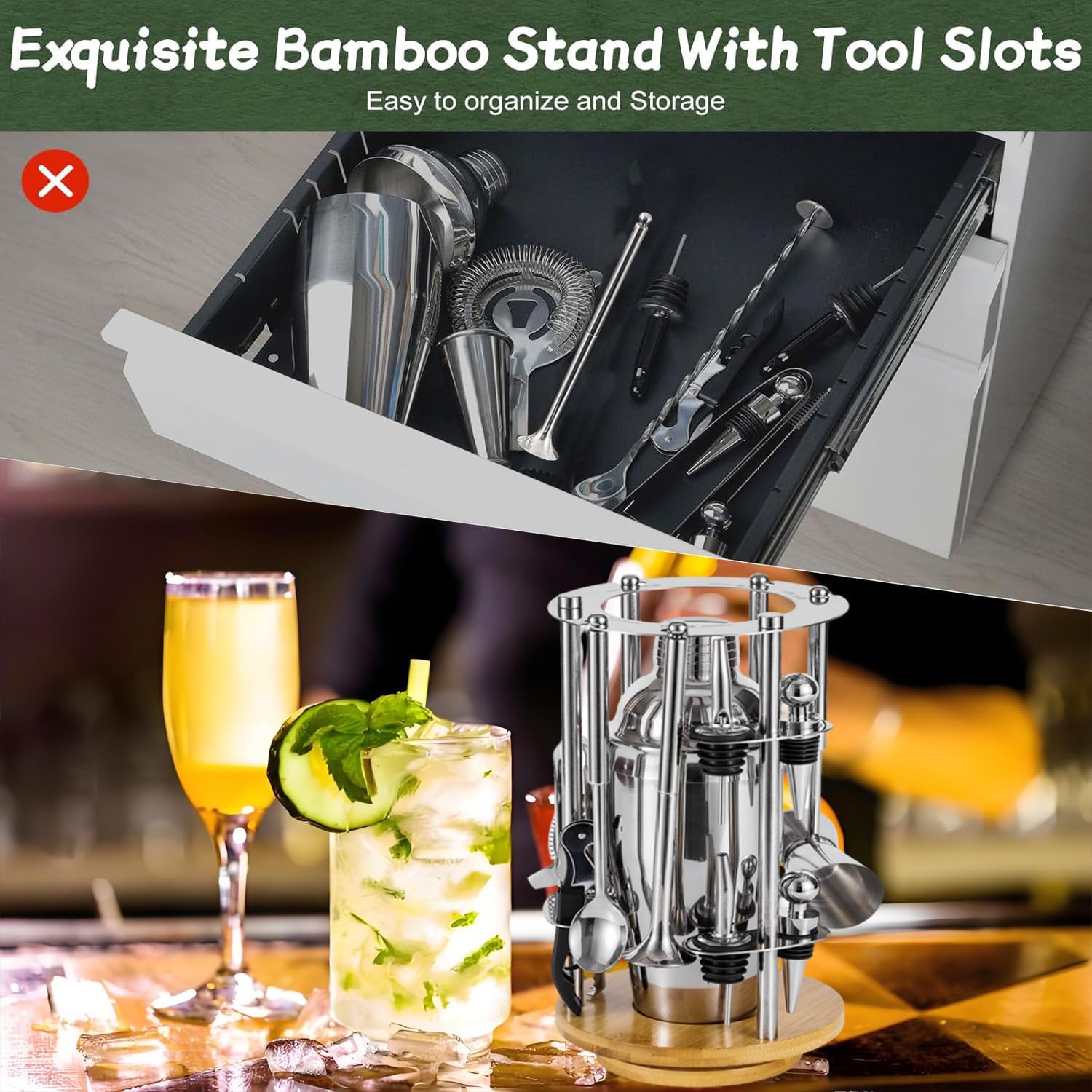 Bar Bartender Tool : 13-Piece Tool Set, Bar Cocktail Shaker Set for Perfect Bartender Kit with Rotating Stand(Silver)