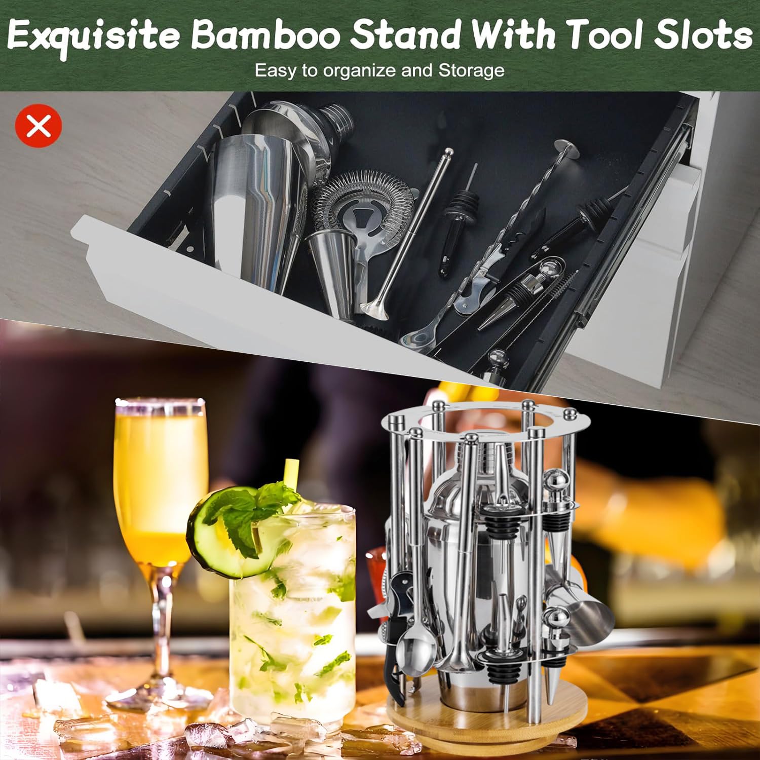 Kit de barman con soporte giratorio, juego de coctelera de 13 piezas de acero inoxidable, herramientas de barra de mixología, juego profesional de bar para mezclar bebidas, hogar, bar, fiesta,