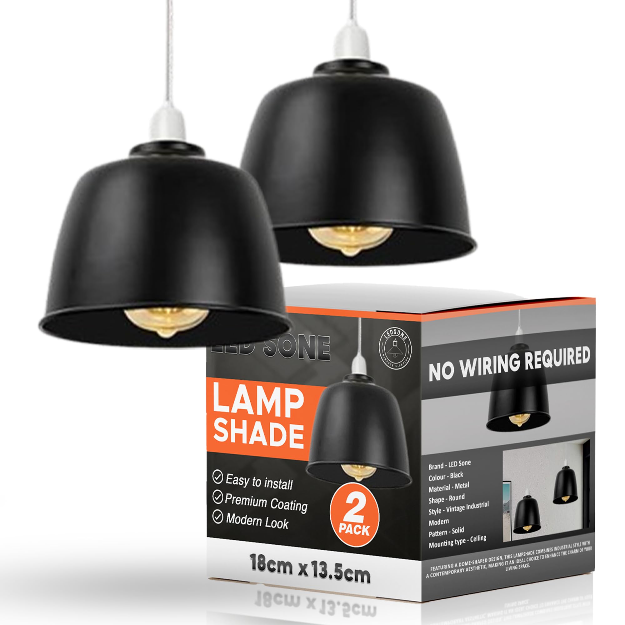 18cm Black Metal Dome Lampshade, Ceiling Fixture with Grey Herringbone Pendant Light