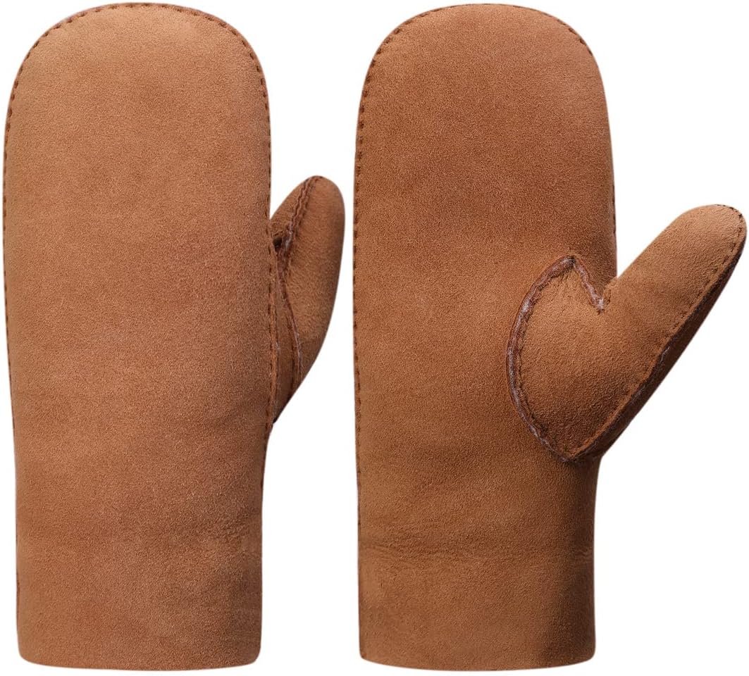 Harssidanzar Men Leather Mittens,Genuine Suede Leather Sheepskin Shearling Mittens Gloves Fur Cuff KM044US