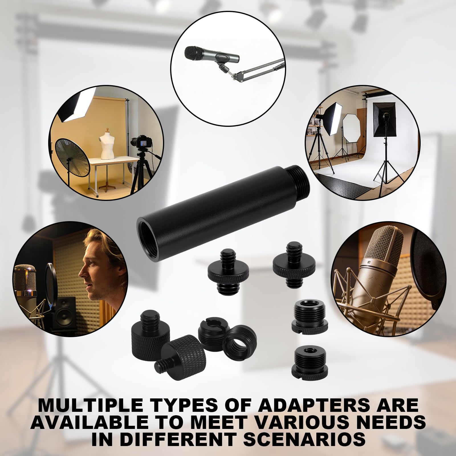 13pz Adattatore per Supporto Microfono Viti con Tubo di Prolunga, Lega Alluminio Convertitori di Filettatura da 3/8" a 5/8" e 1/4" per Braccio Microfono Treppiede Fotocamera Luce Riempimento