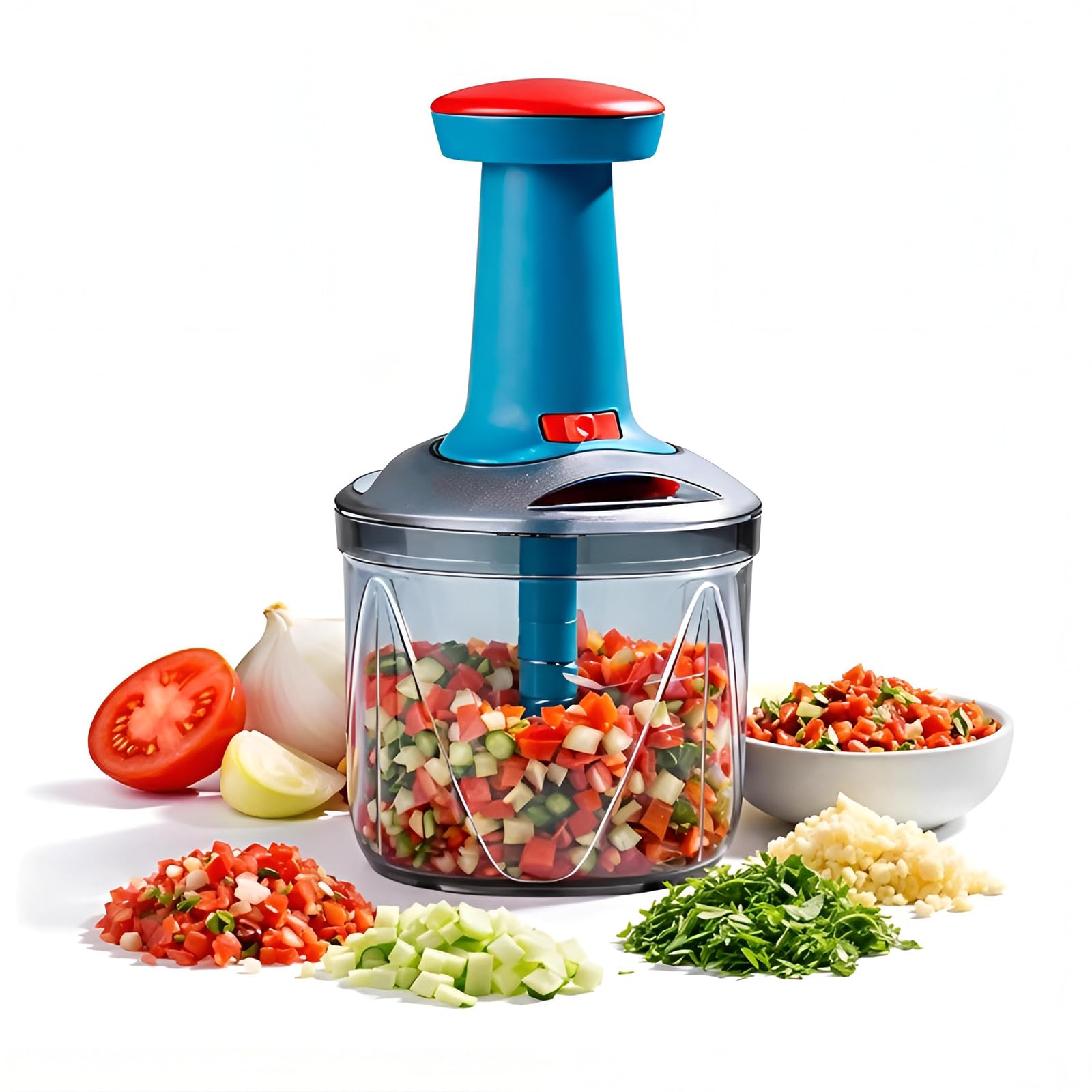 H S Impex 1100 ML Hand Push Vegetable Chopper with 5 Sharp Blades | Manual Food Chopper for Onion, Tomato, Garlic, Fruits & Vegetables | Easy Pull Chopper for Kitchen | Unbreakable Bowl | Multicolor-image-26