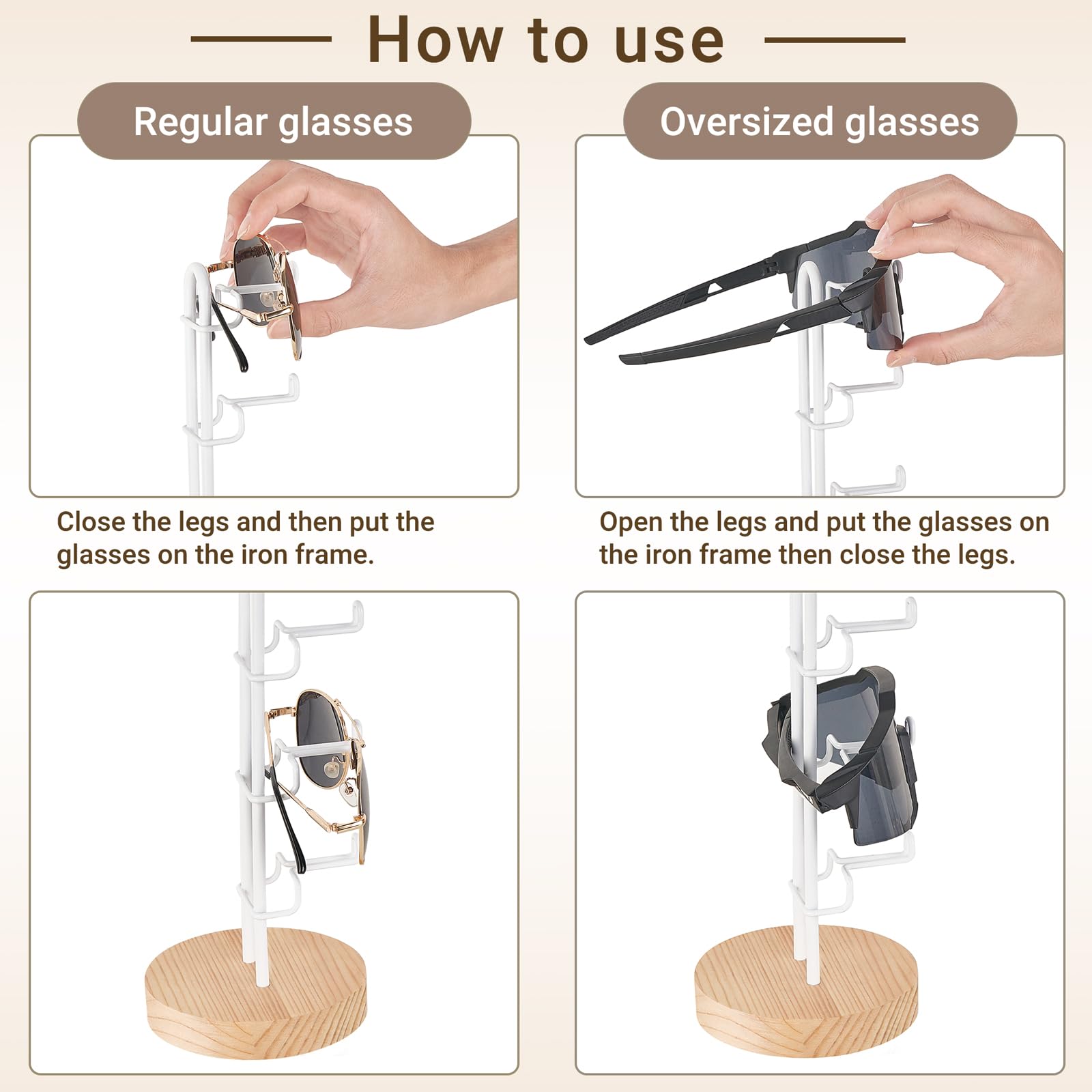Mkono Sunglasses Organizer Glasses Holder Stand Sunglass Storage Eyeglasses Rack Metal Frame with Wood Base for 5 Pairs of Eyewear Display for Table Desk Countertop Dresser Bedroom, Set of 1, Gold: 1 Wood