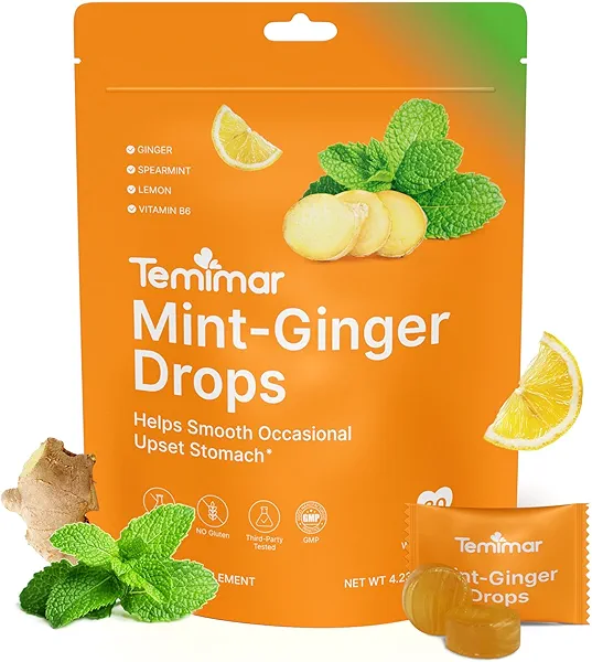 Temimar Mint-Ginger Drops for Nausea Relief, Smooth Upset Stomach, Motion & Morning Sickness Relief, with Ginger, Lemon, Spearmint & Vitamin B6, 30 Individually Wrapped Candies