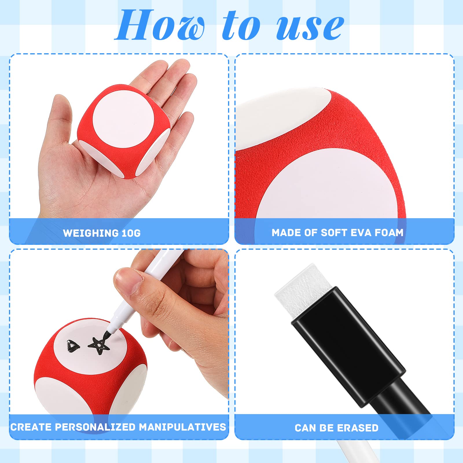 Juego de bloques de borrado en seco con marcador, coloridos dados de borrado en seco de 2 pulgadas, cubos de dados de pizarra blanca, cubos de dados para limpiar y escribir números para aprender a 4