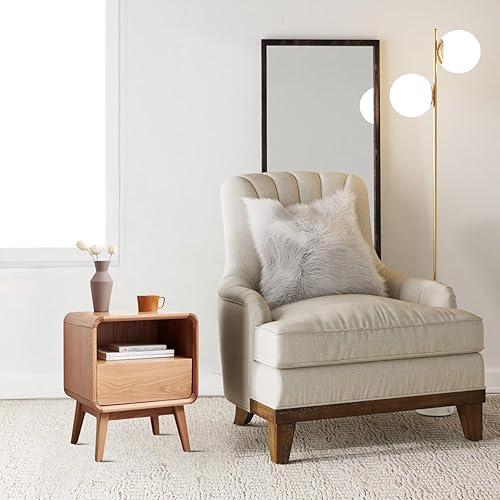 Miniatura 7 de Bamskov Mesita de noche 100% madera de roble maciza con cajón doble, práctica mesita de noche moderna de mediados de siglo para dormitorio,