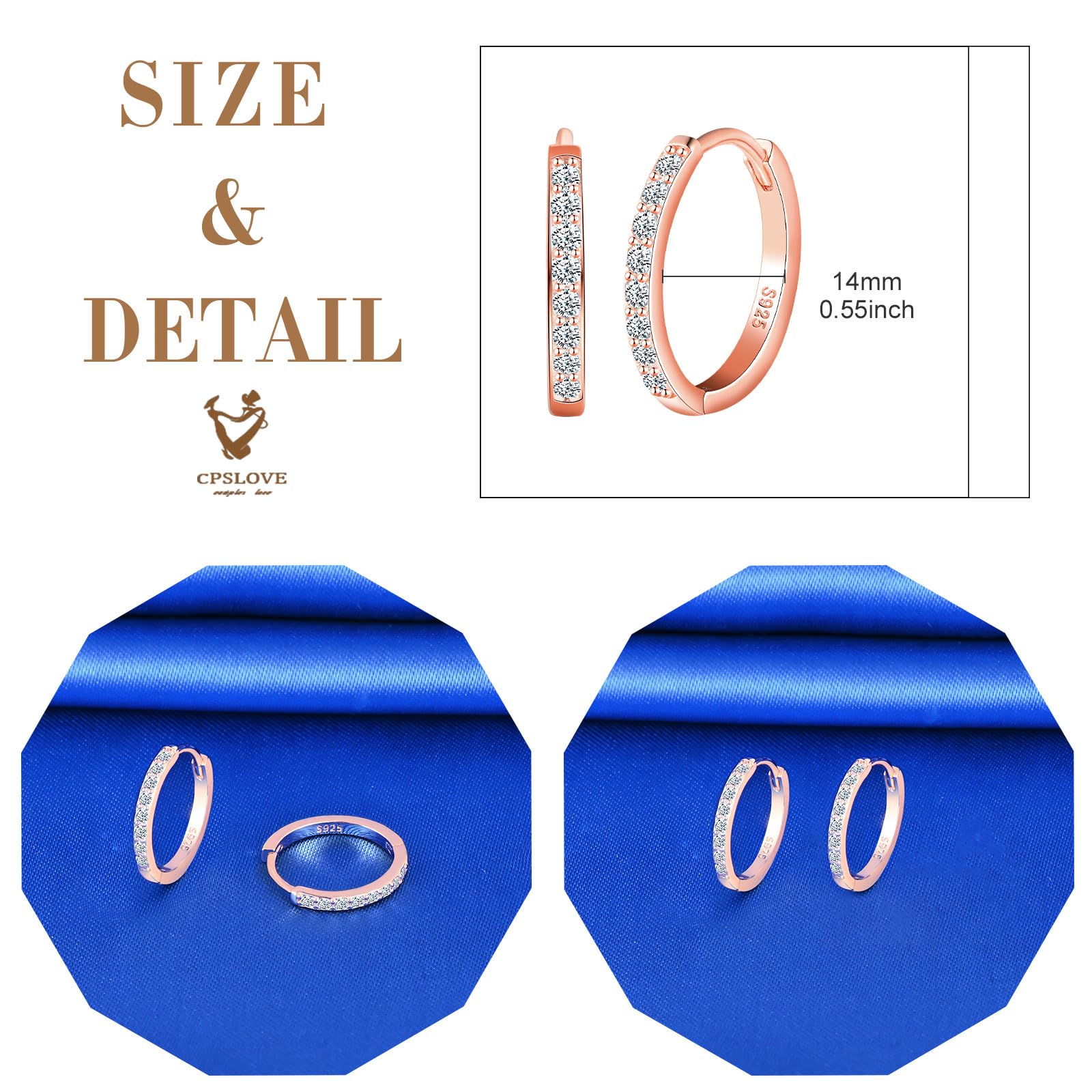 CPSLOVE Orecchini Cerchio da Donna Ragazze Eleganti Orecchini Cerchi con Zircone in Argento 925 Orecchini Creole de Diametro 1.4cm