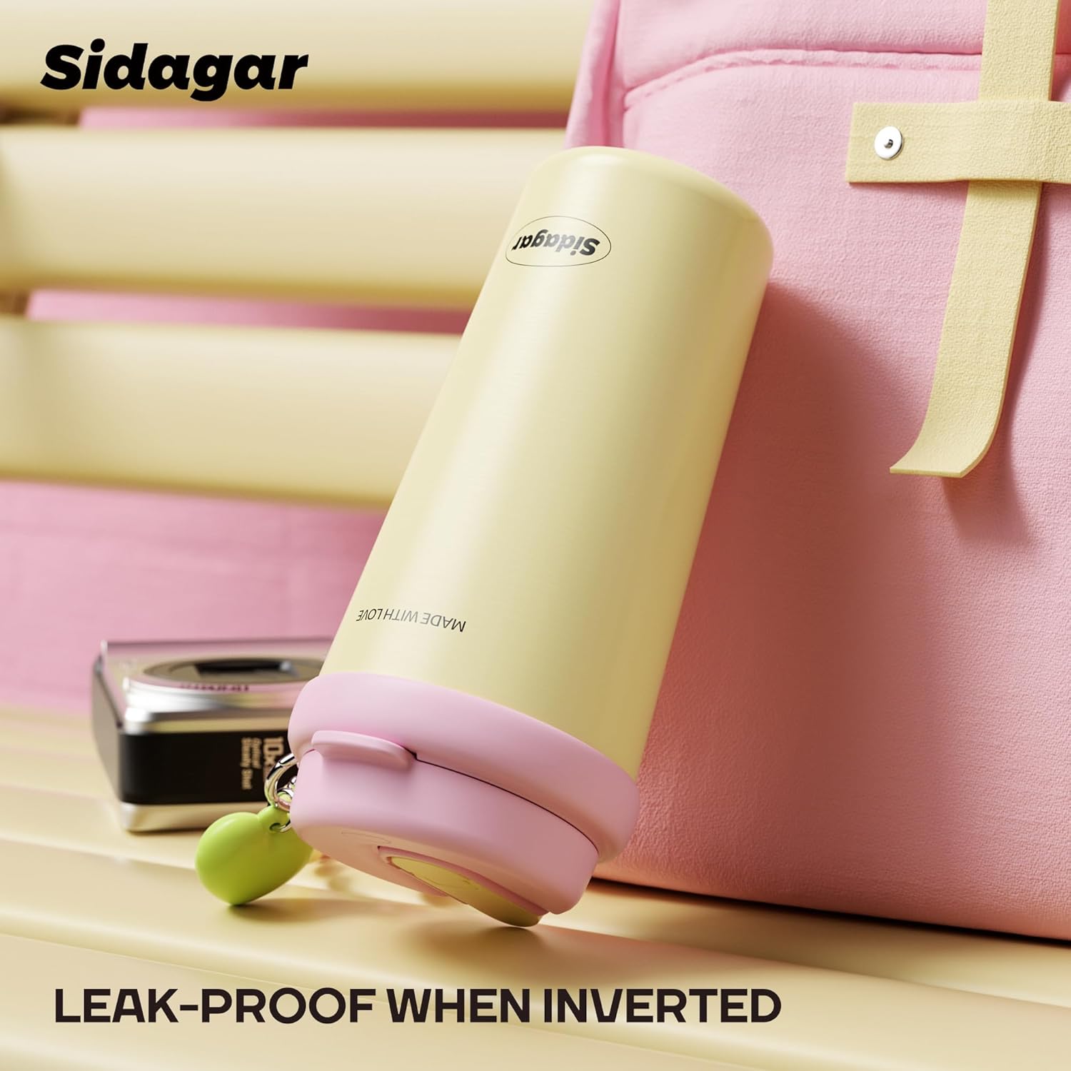 16oz Ceramic Lined Coffee Mug with Heart Charm, Leak-Proof Vacuum Insulated Travel Tumbler, Reusable Stainless Steel Cup for Women, Yoga & Commute - Creamy pale yellow - Image 5