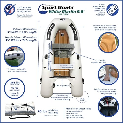 Miniatura 2 de White Marlin - Suelo neumático de 9.8 pies modelo 2022 - SB-300A - Bote soldado con calor prémium con bolsa de asiento