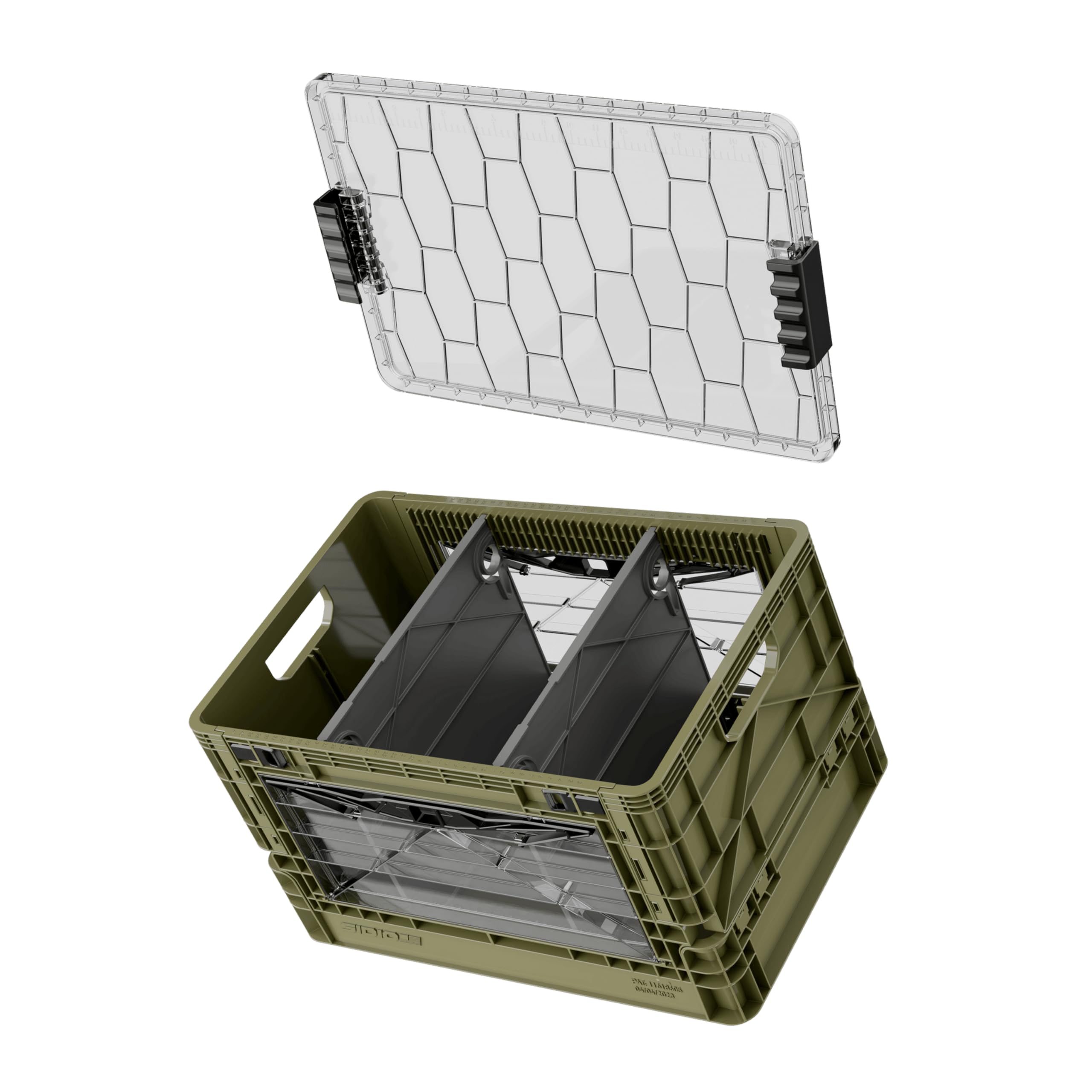 SIDIO Full-Size Collapsible Crate - Heavy Duty Stackable Storage Bin with Lid & 2 Short-Ways Dividers, Durable Plastic Organizer for Home, Office,