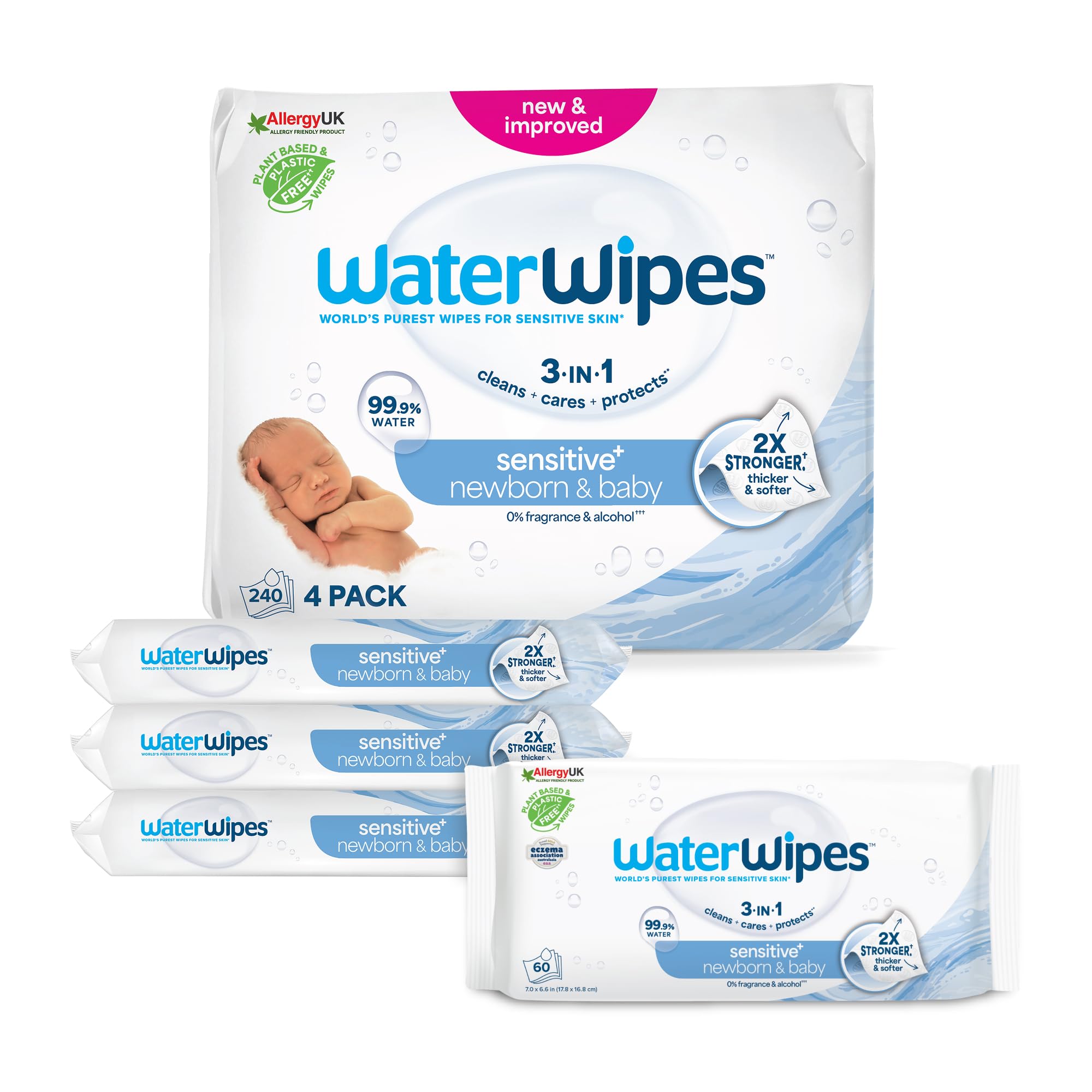 WaterWipes Plastic-Free Original Baby Wipes, 240 Count (4 packs), 99.9% Water Based Wipes, Unscented for Sensitive Skin