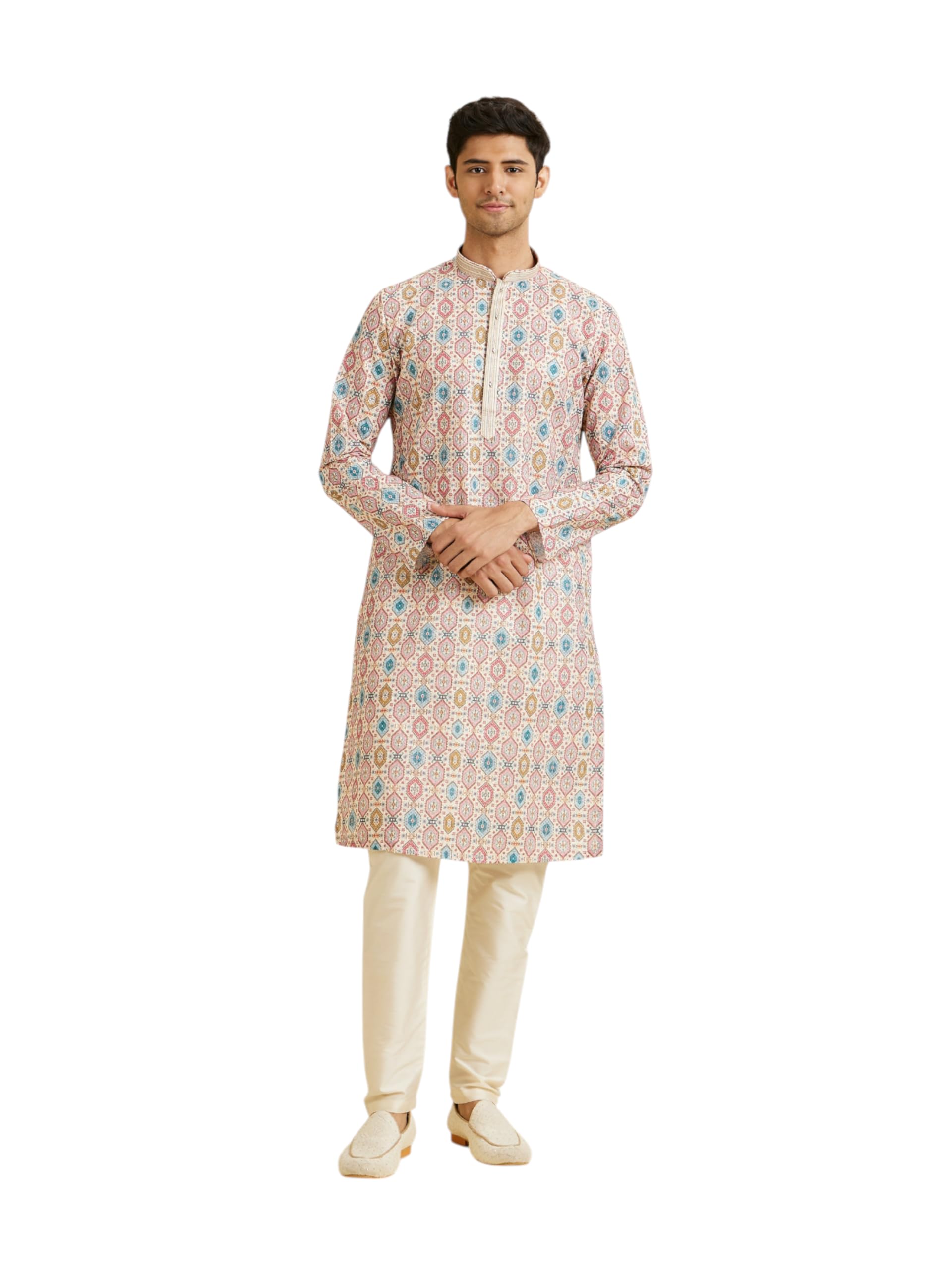 manyavar Men's Cotton Blend Hexagon Printed Kurta Pyjama Set (2pcs)-picture-14