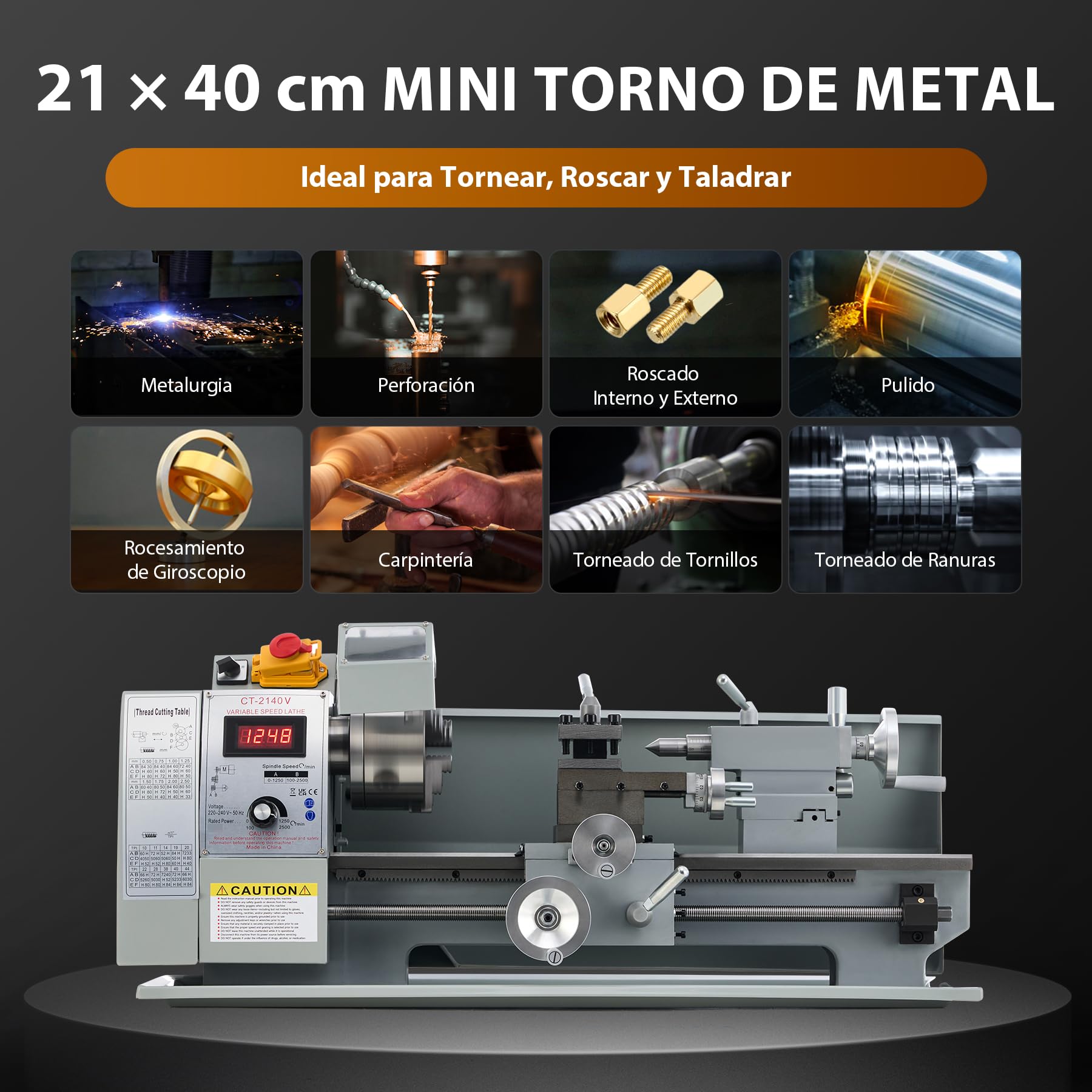 CREWORKS Mini Torno de Metal 210x400mm 750W con Pantalla Digital Torno para Metal de Sobremesa con Velocidad 2500RPM Torno de Metal para Torneado de Metales (210X400MM)