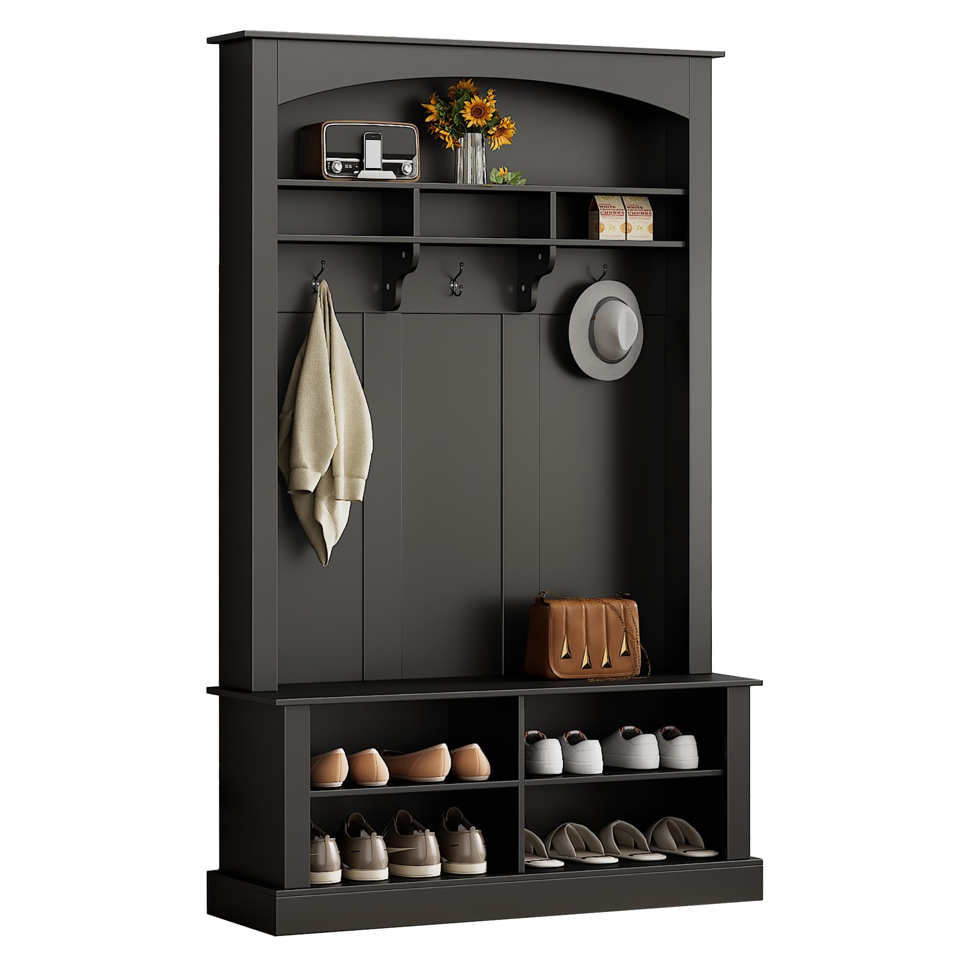 Meuble d’Entrée, Porte-Manteau avec Banc à Chaussures, Vestiaire, Rangement pour Chaussures, 3 Crochets, Gain de Place, Étagères Réglables, Espace de Stockage Ouvert, pour Entrée, Couloir (Noir-55S)