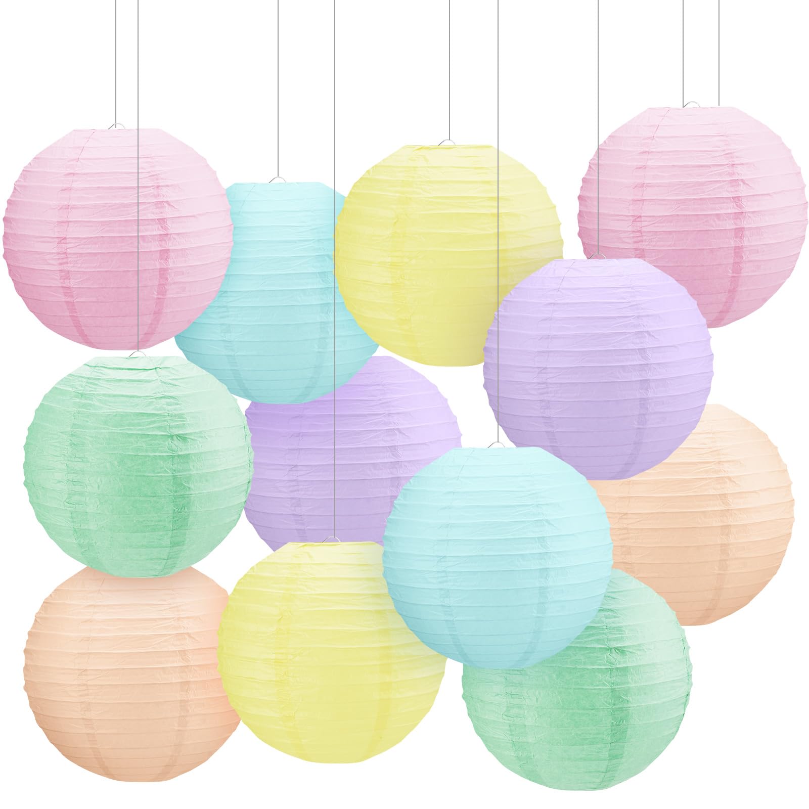 Retisee Lot de 12 lanternes en papier pastel à suspendre de 25,4 cm - Fournitures de fête pastel - Rose clair, bleu, violet, vert menthe, macaron, arc-en-ciel - Décorations pour mariage, anniversaire