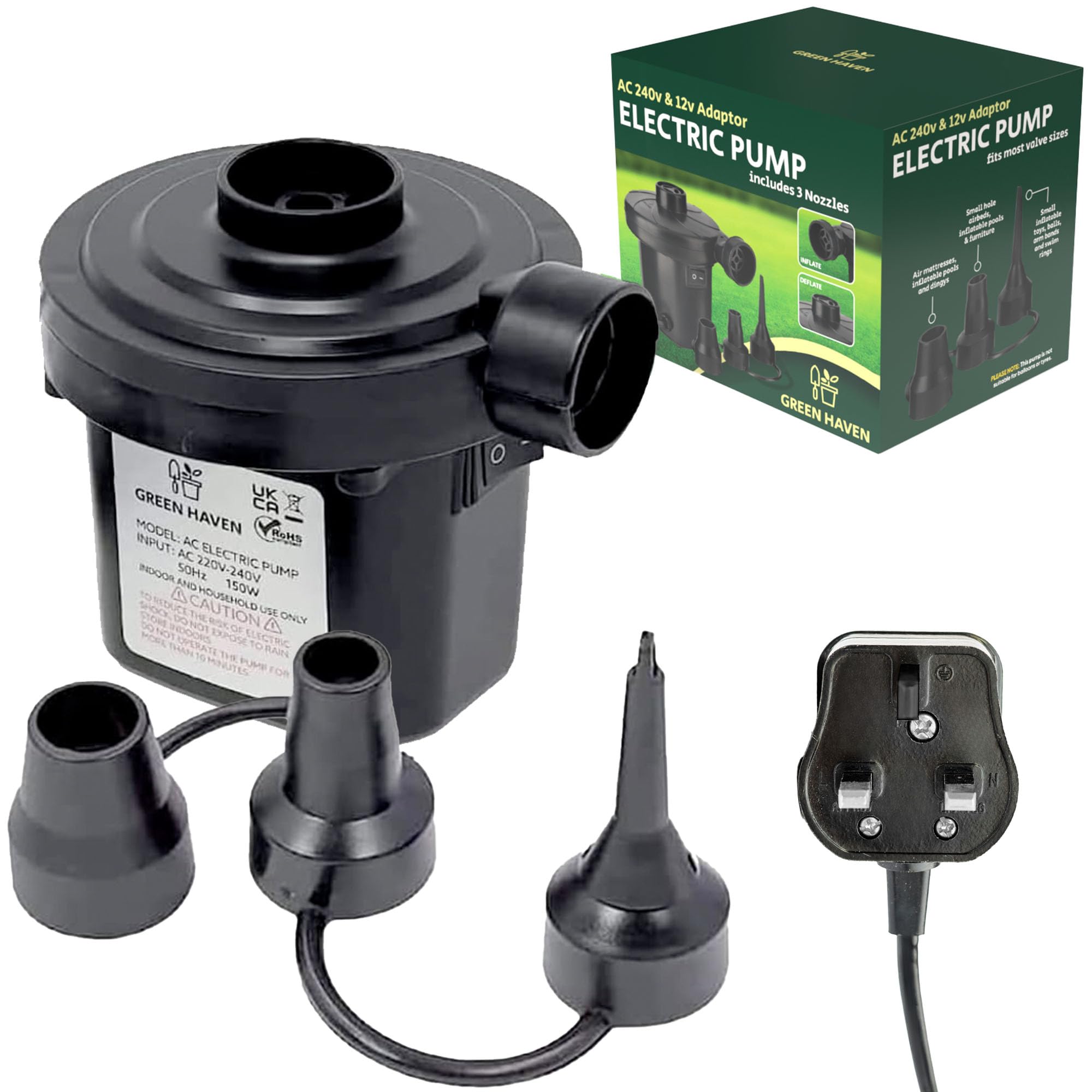 GREEN HAVEN Electric Air Pump for Inflatables – Fast Inflate & Deflate with 3 Nozzles | AC Pump for Air Beds, Camping, Paddling Pools | 240V 150W