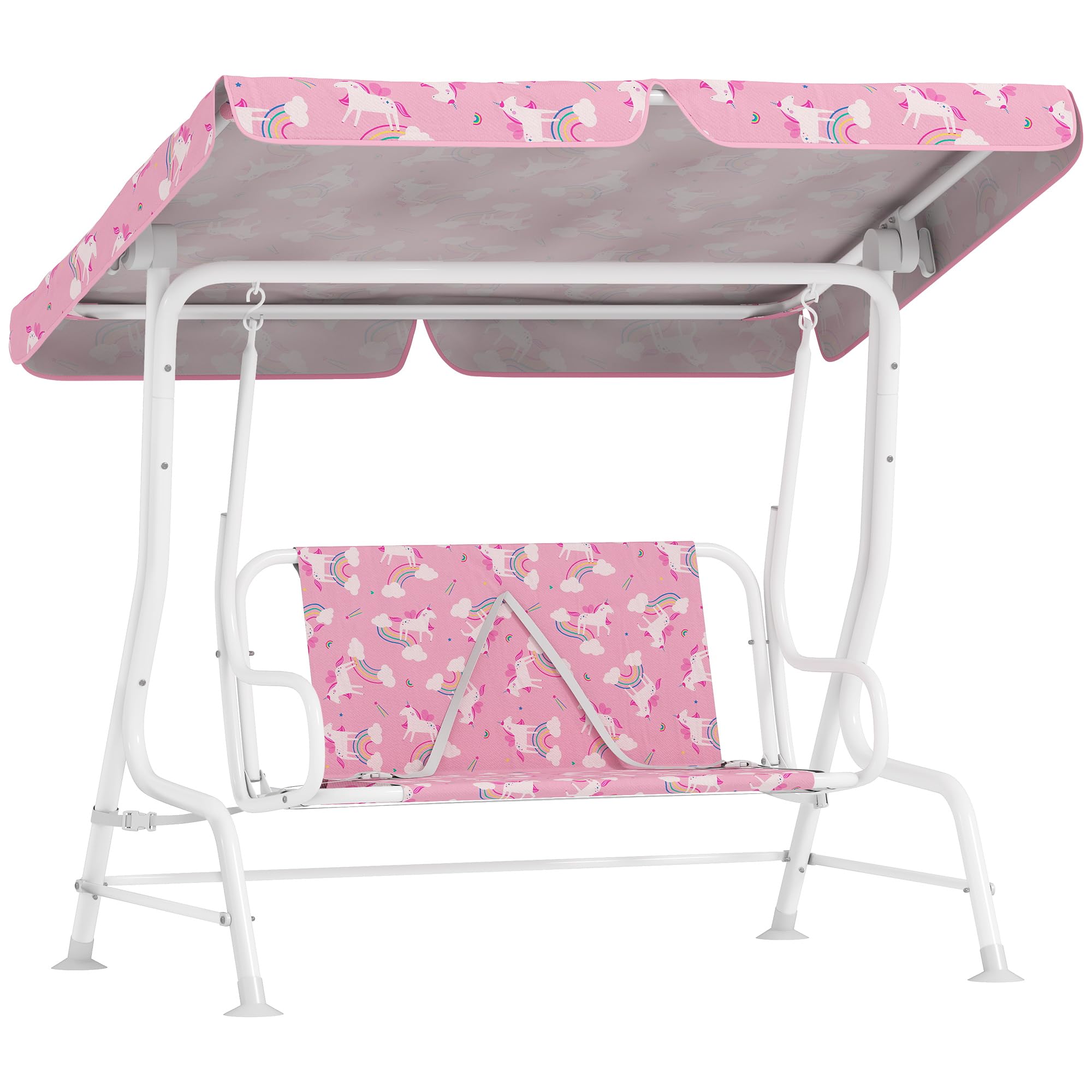 AIYAPLAY Columpio de Jardín Exterior para Niños de 2 Plazas, Balancín de Jardín, Toldo Ajustable, con Cinturones de Seguridad, Diseño de Unicornio y Arcoíris, para Interior, Patio, 112x75x120 cm, Rosa