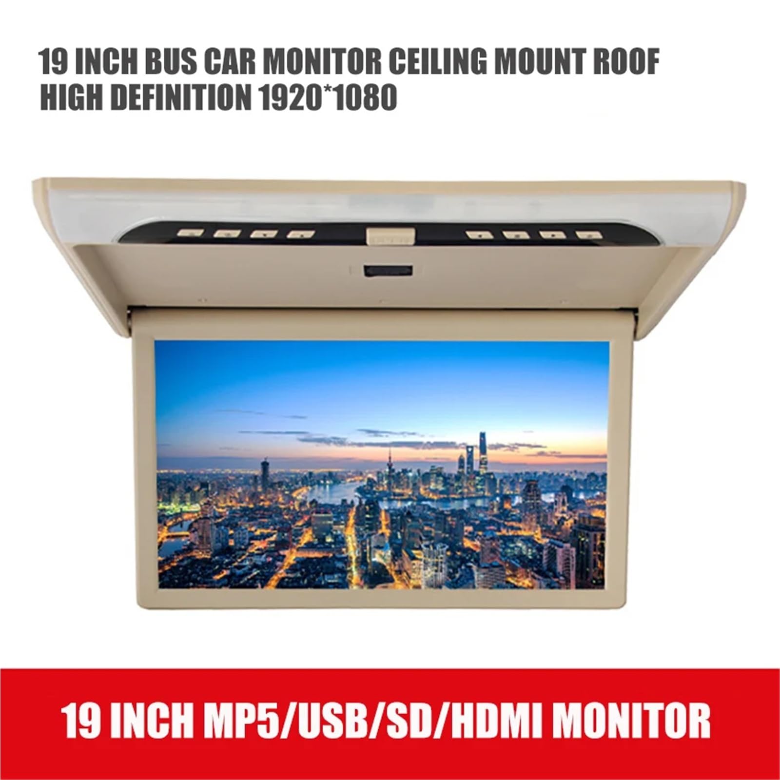 Monitor for auto da 19 pollici 1920 * 1080P con schermo LCD tetto, lettore MP5 ribaltabile monitor soffitto HD, TV for accessori for e autobus(Black)
