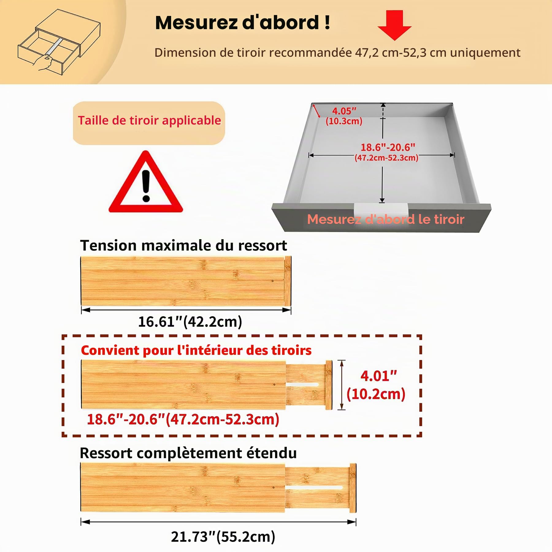 Utoplike Séparateur de tiroir extensible en bambou de 10 cm de haut, organiseur de tiroir de cuisine, placard de coiffeuse, séparateur de tiroir extensible pour vêtements (4 pièces)