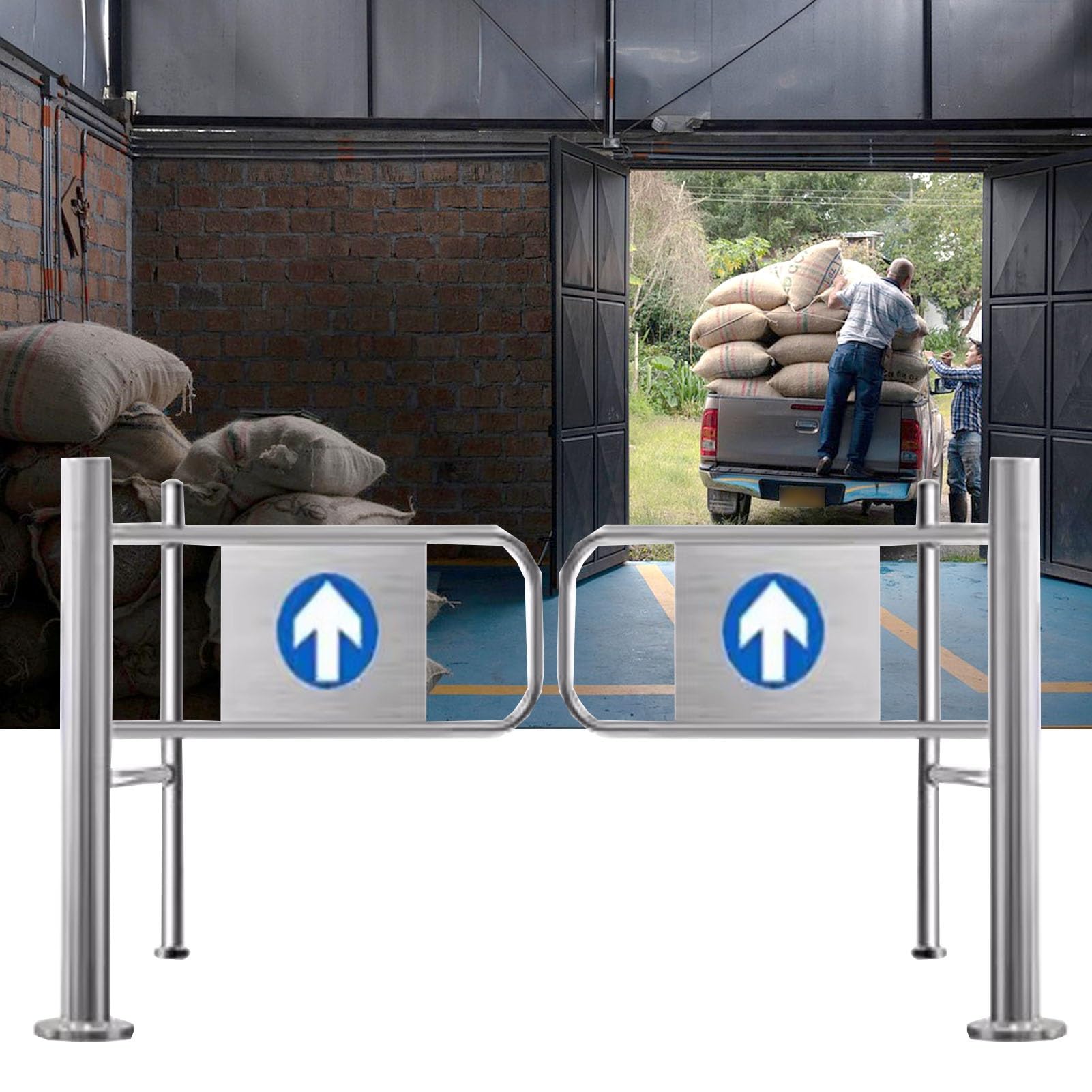 Puerta de barrera de seguridad industrial con cierre automático, diseño oscilante para control de acceso de almacén y muelle de carga