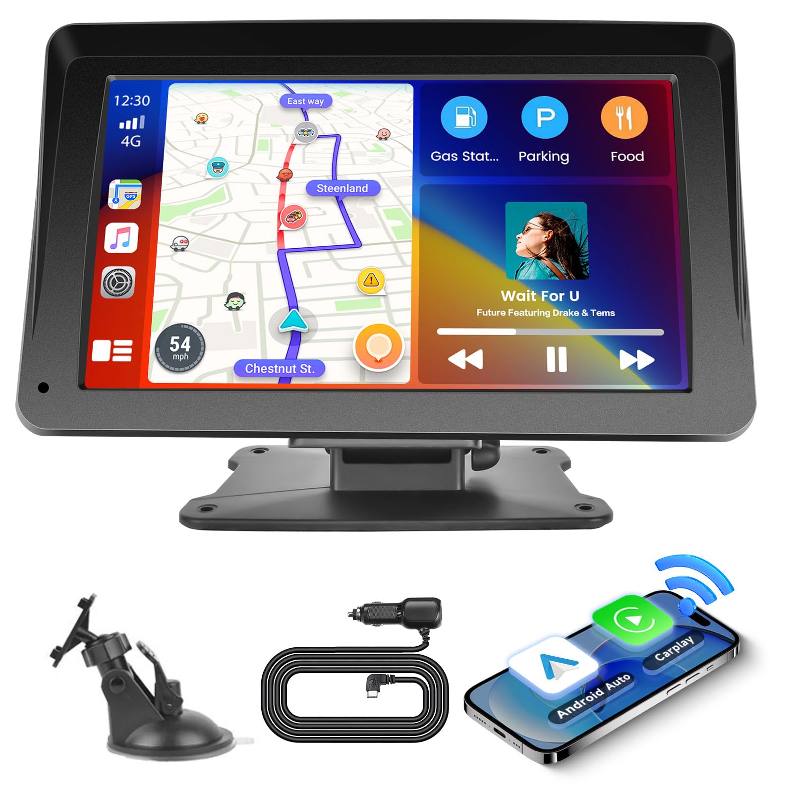 7 Pulgadas Inalámbrico Carplay Estéreo para Coche, Pantalla Táctil Portátil Carplay y Android Auto, Enlace a Espejo, Bluetooth, AUX/TF/FM, Control por Voz