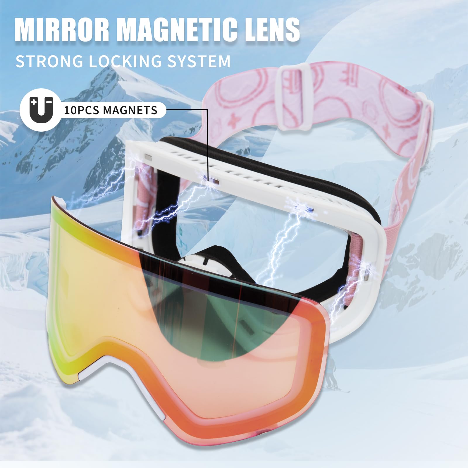 Gogle narciarskie, YH879B-2 OTG gogle narciarskie unisex regulowany rozmiar ochrona przed zaparowaniem UV snowboard lusterko śnieżne do jazdy na nartach jazda na rowerze sporty zimowe
