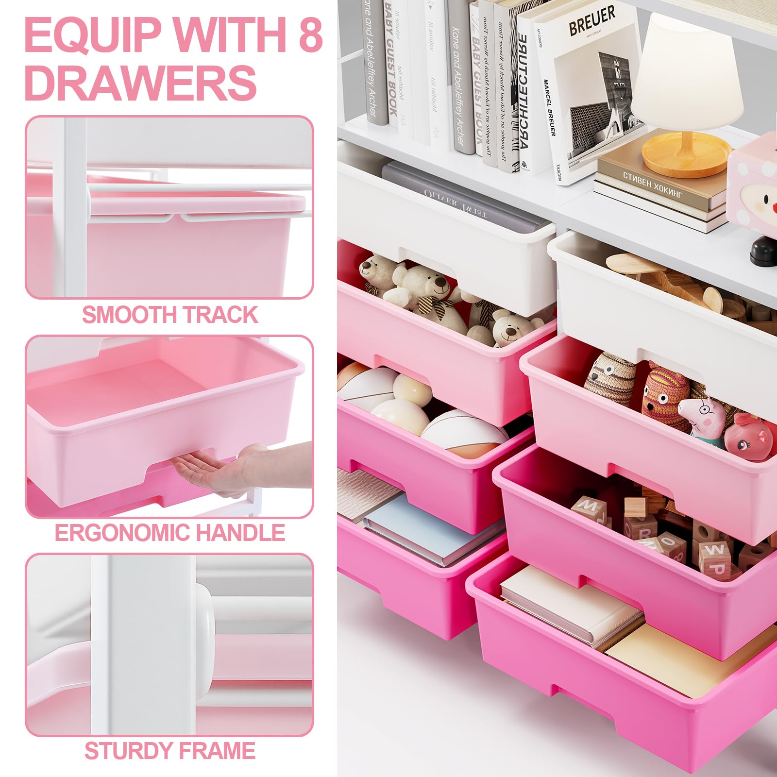 SYKIARIOL Carrello a rotelle con 8 cassetti, multiuso in metallo, per ufficio, cucina, bagno, soggiorno, ruote bloccabili, rosa