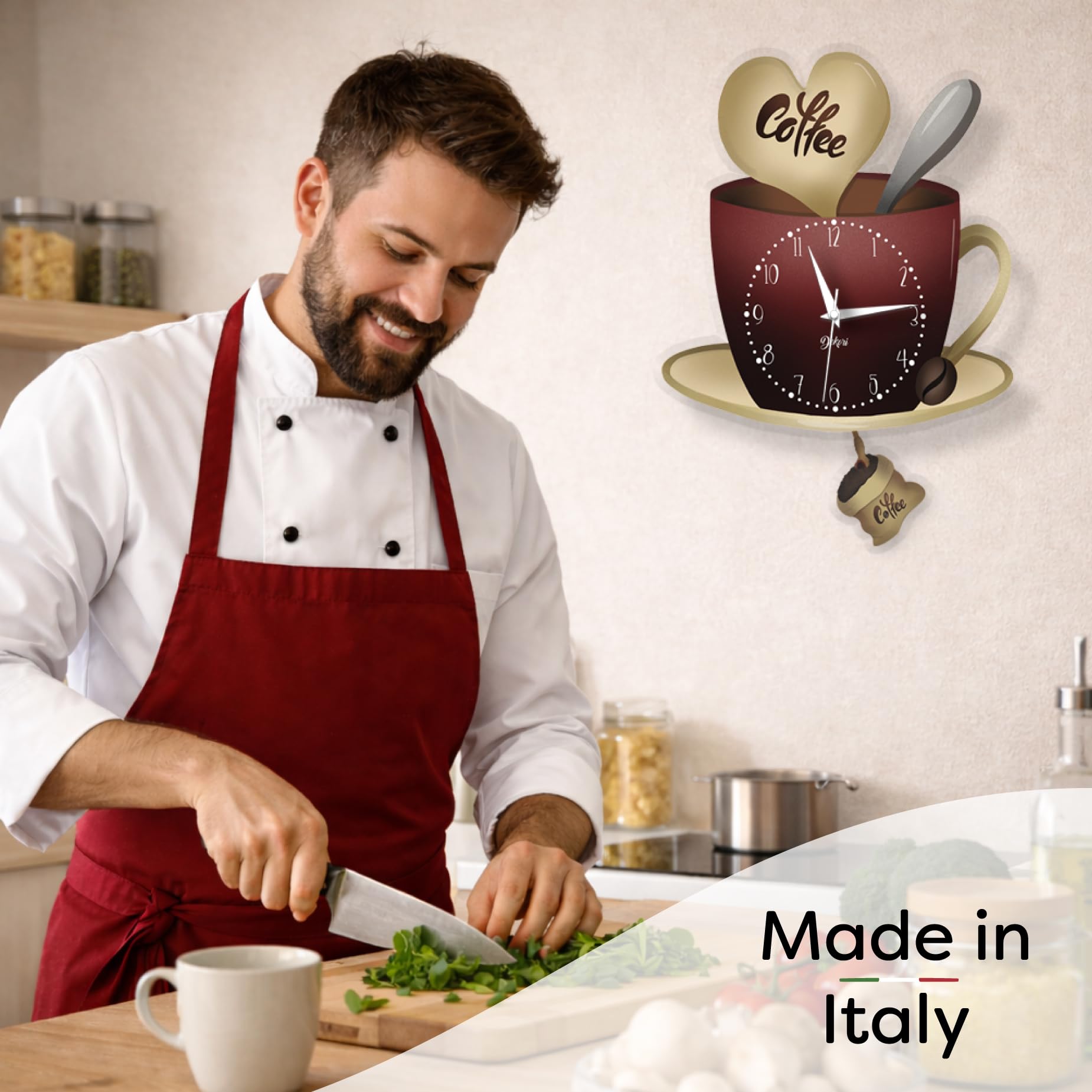 DEKORI Horloge Cuisine Tasse à Café avec Pendule – Horloge Murale Silencieuse Design Italien en Bois – Décoration Cuisine Moderne